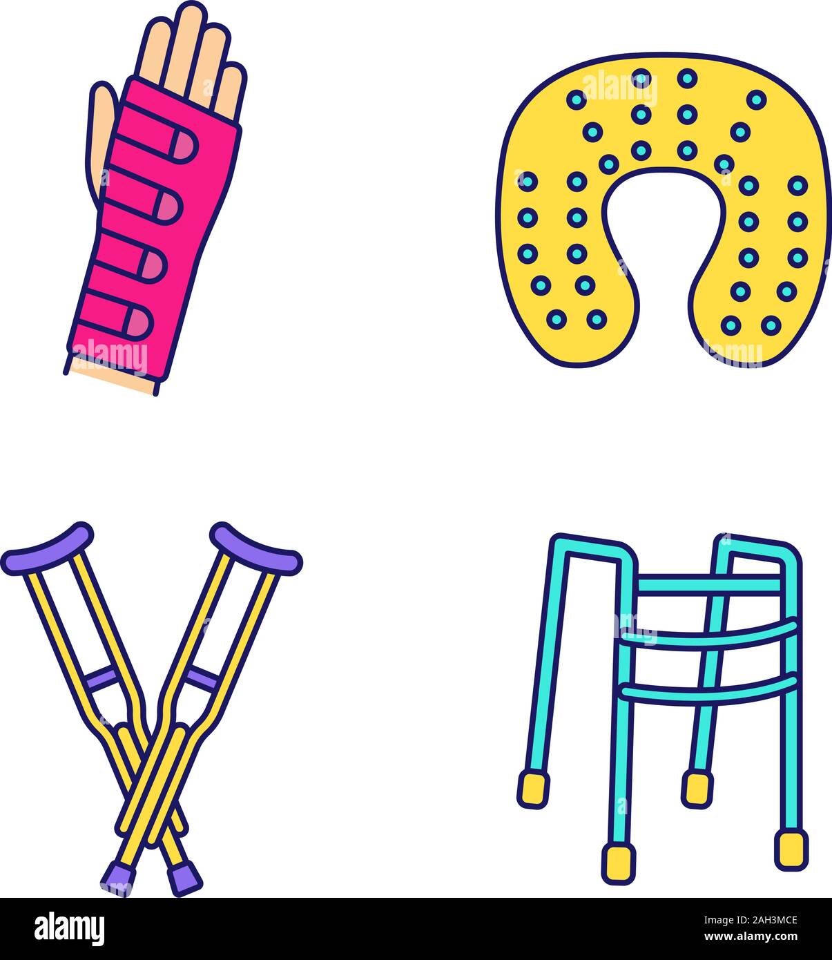 Trauma treatment color icons set. Wrist brace, neck pillow, axillary crutches, walker. Isolated vector illustrations Stock Vector