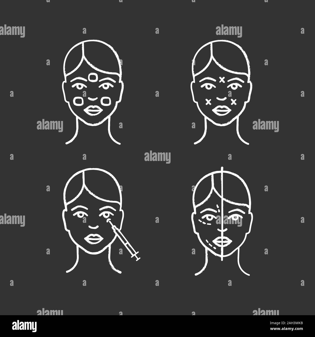 Neurotoxin injection chalk icons set. Anesthetic cream, facial markup ...