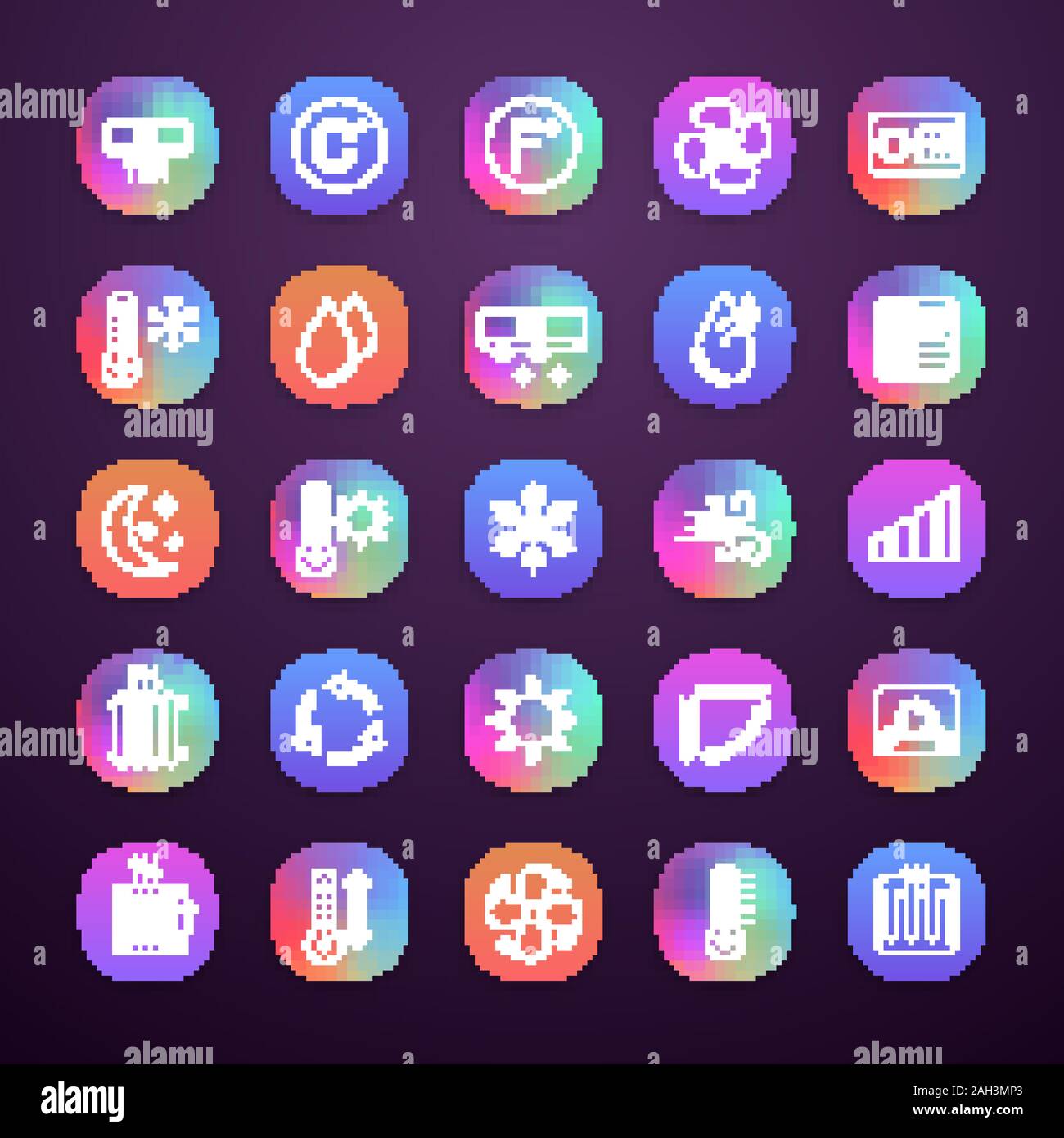 Air conditioning app icons set. Air heating, humidification, ionization, ventilation. Climate control. UI/UX user interface. Web or mobile application Stock Vector