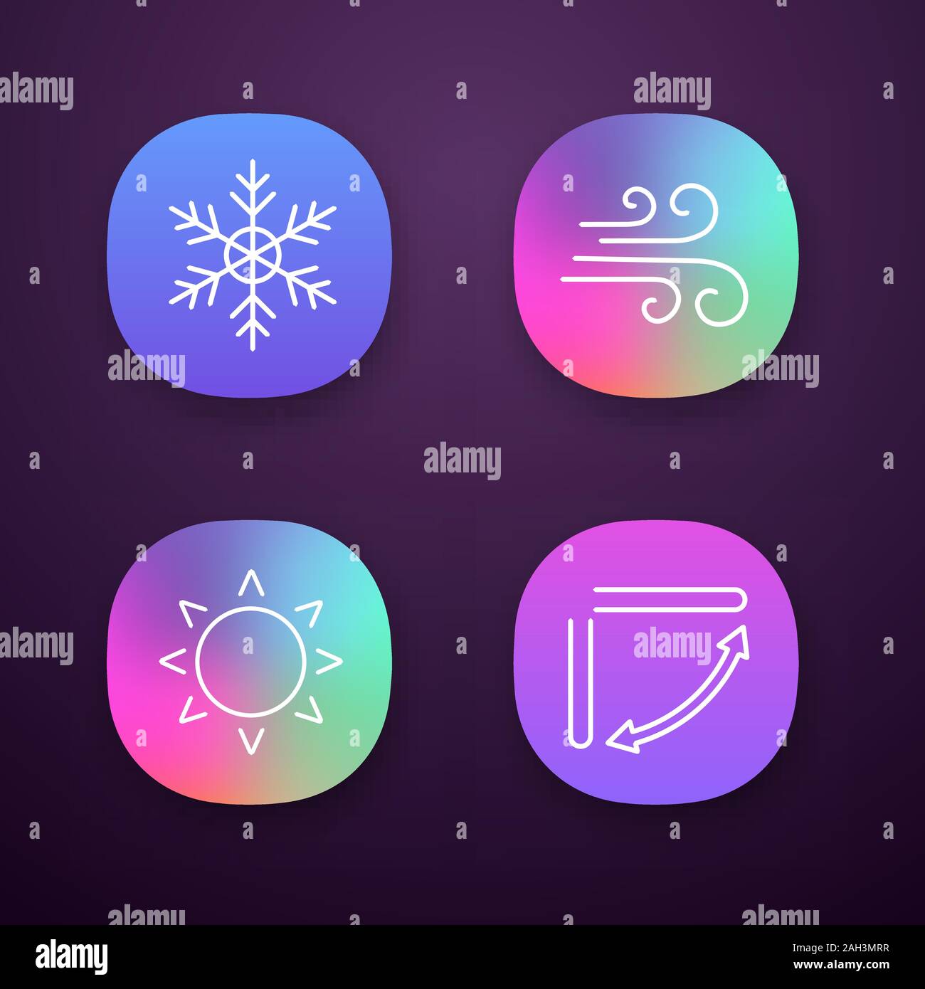 Air conditioning app icons set. Snowflake, airflow, sun, air