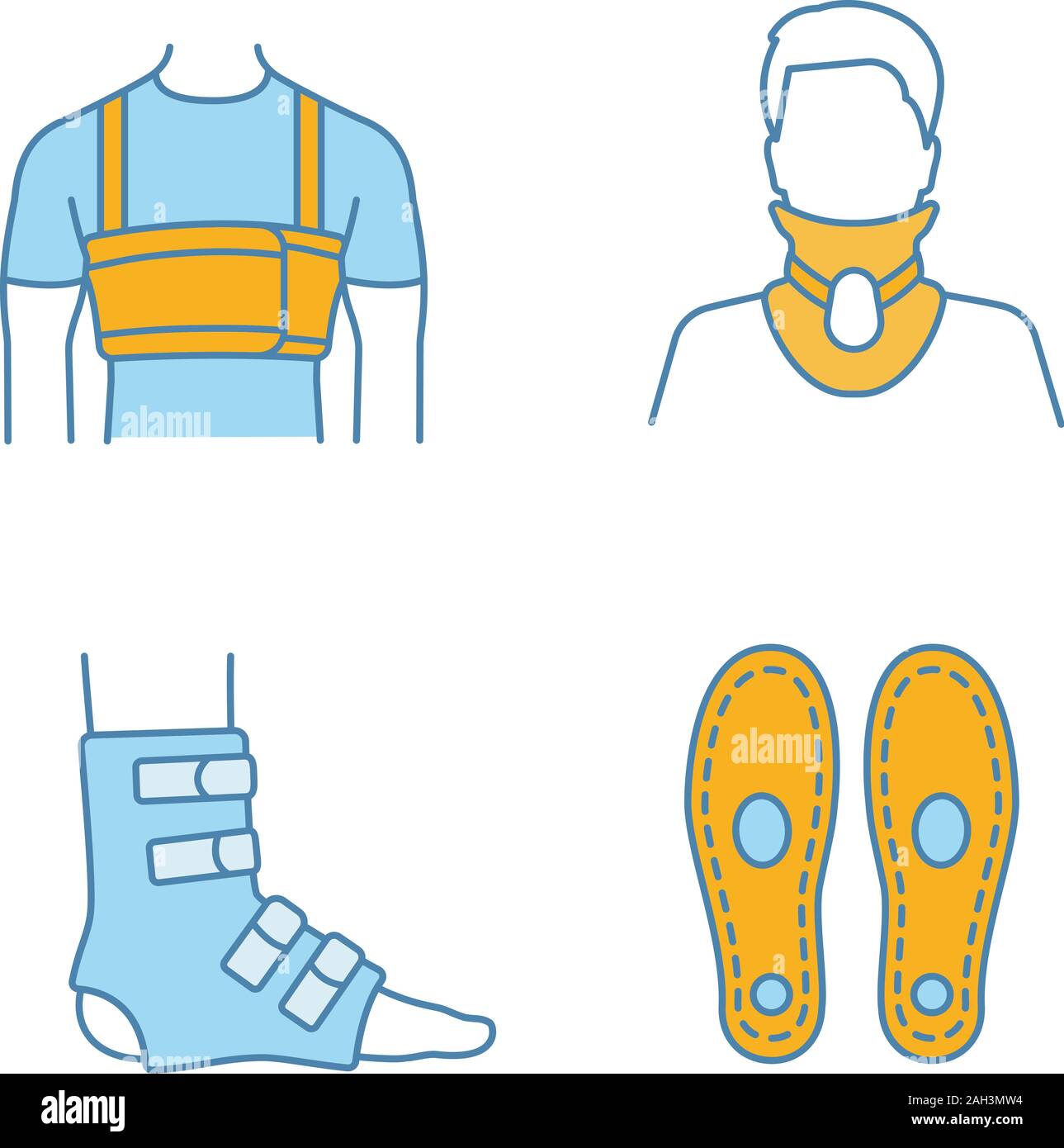 Trauma treatment color icons set. Surgical men’s rib belt, cervical collar, foot ankle brace, orthopedic insoles. Isolated vector illustrations Stock Vector