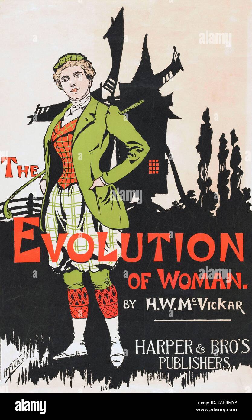 Advertising poster for the Harper and Brothers 1896 edition of The Evolution of Woman by Harry Whitney McVickar, 1860 - 1905.  The slim (96 pages) volume featured illustrations accompanied by doggerel concerning the lot of women through the ages. Stock Photo