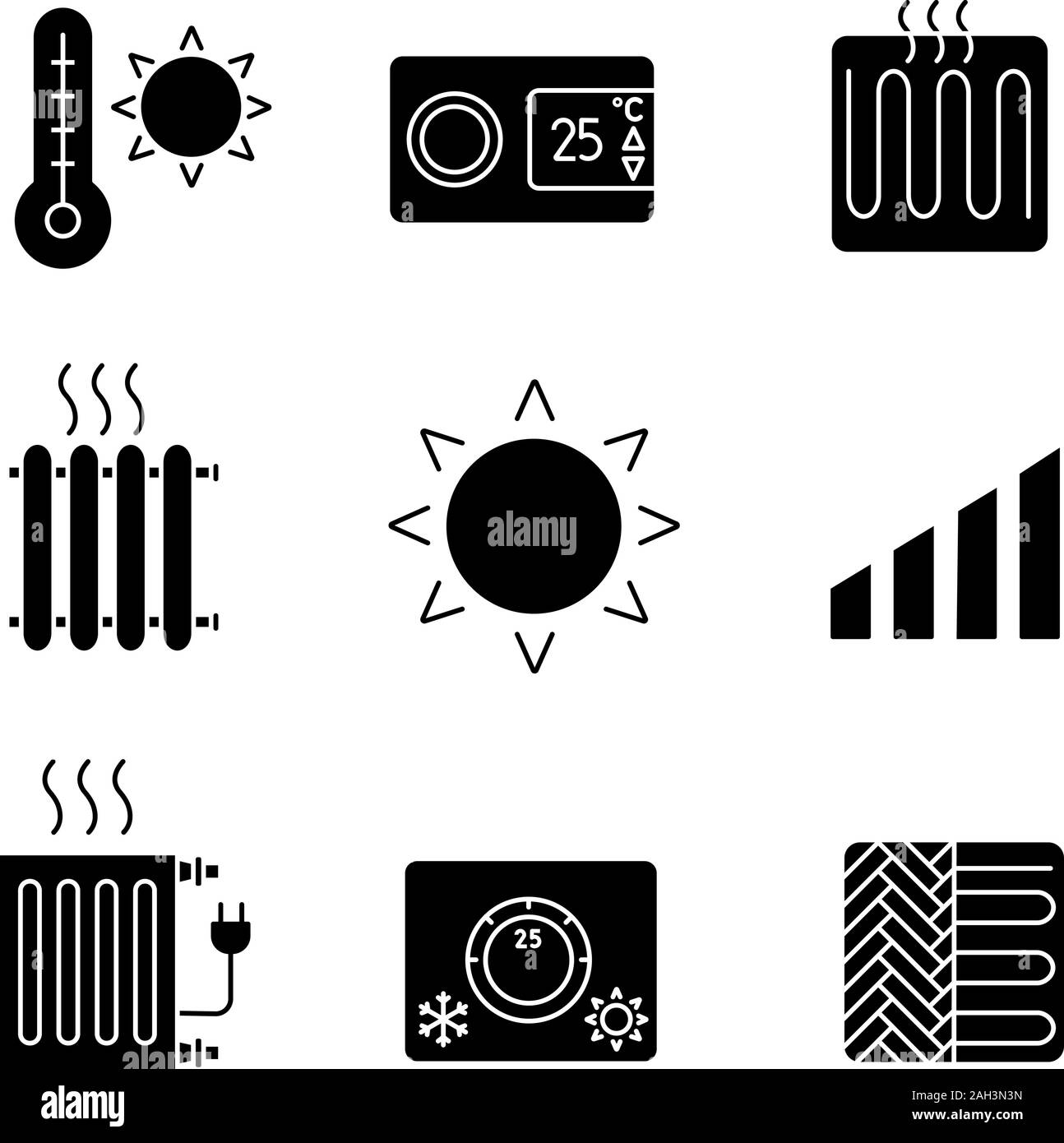 Air conditioning glyph icons set. Summer temperature, thermostat