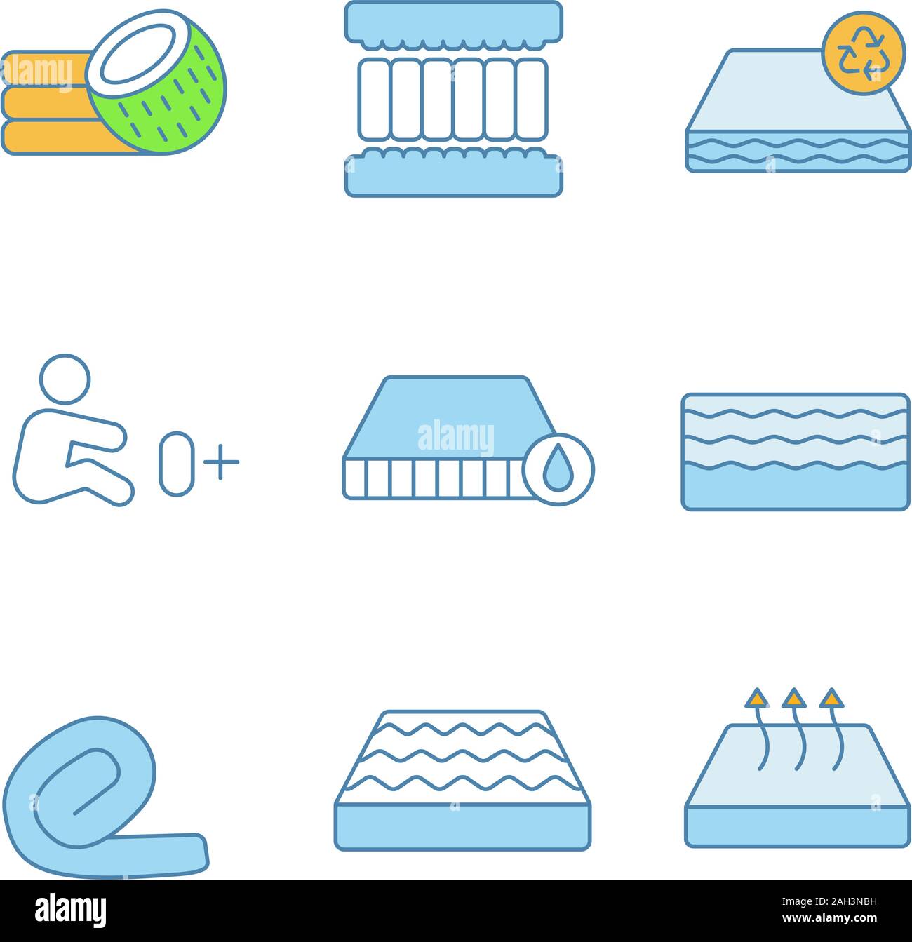 Mattress color icons set. Coconut fiber, memory foam filler, waterproof
