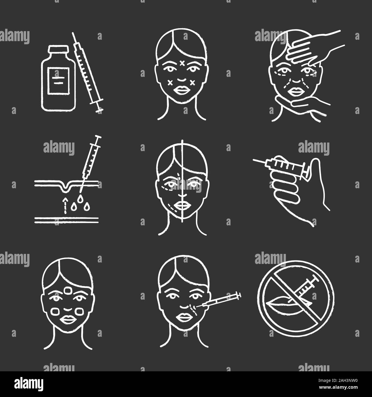 Neurotoxin injection chalk icons set. Vial and syringe, facial markup ...