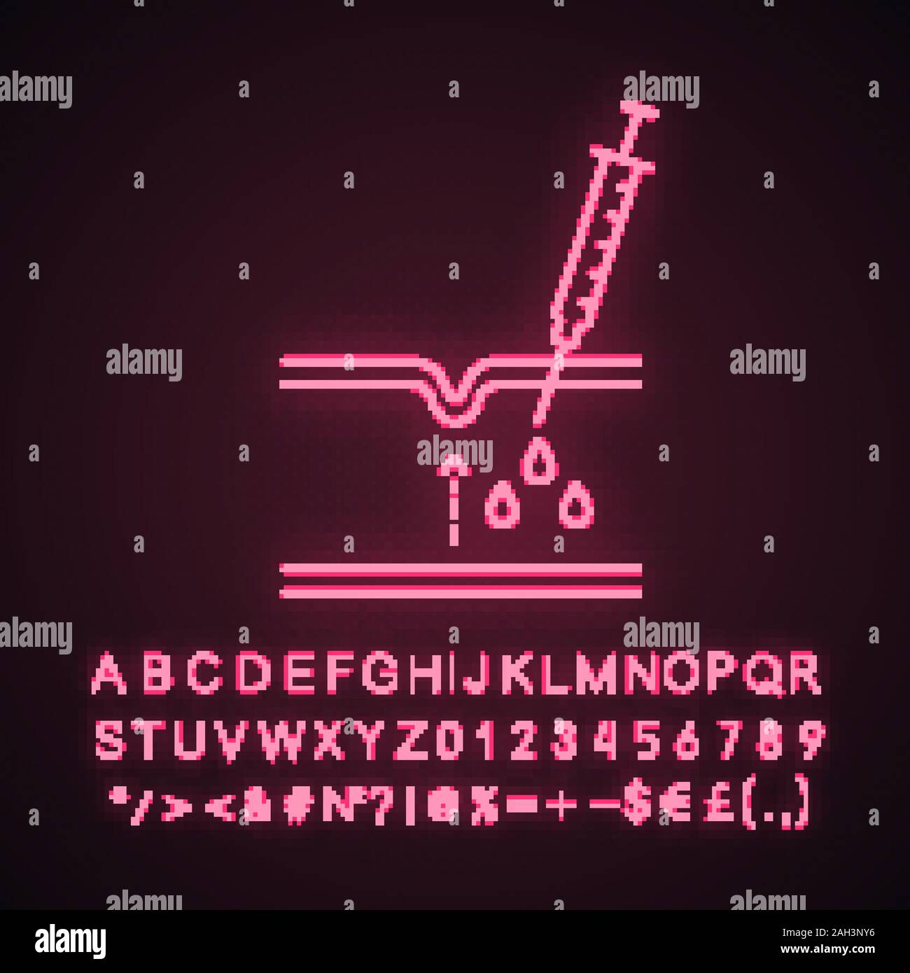 Neurotoxin injection neon light icon. Subcutaneous injection with neuro