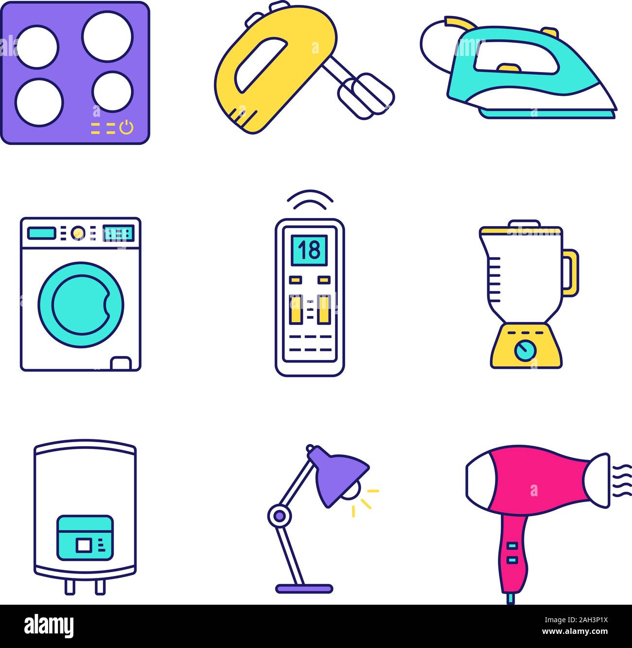 Household appliance color icons set. Cooktop, handheld mixer, steam iron, washing machine, remote control, blender, water heater, table lamp, hair dry Stock Vector Image & Art - Alamy Household appliance color icons set. Cooktop, handheld mixer, steam iron, washing machine, remote control, blender, water heater, table lamp, hair dry Stock Vector Image & Art - Alamy