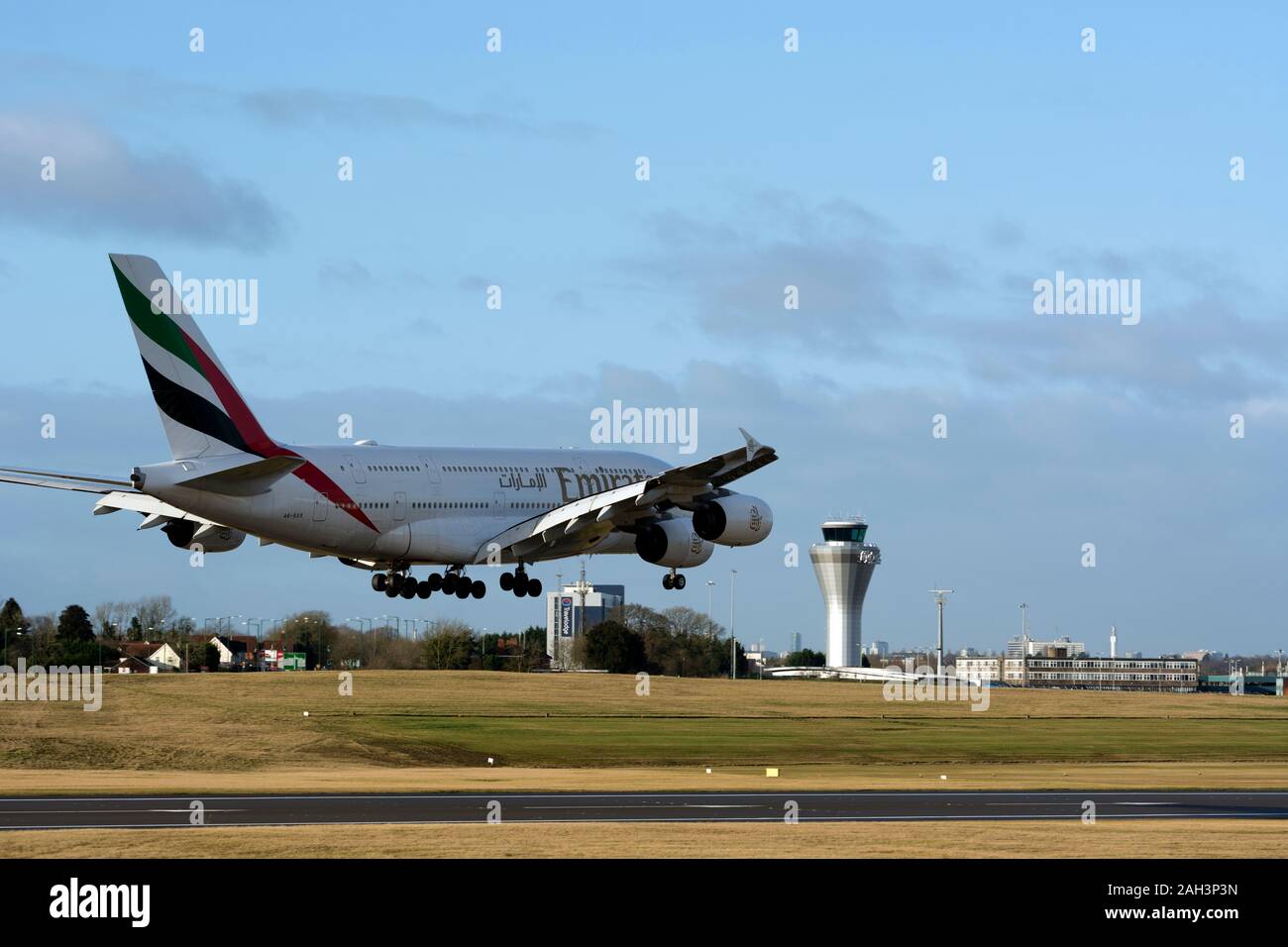 Emirates Airlines Airbus A380 landing at Birmingham Airport, UK (A6-EUX) Stock Photo