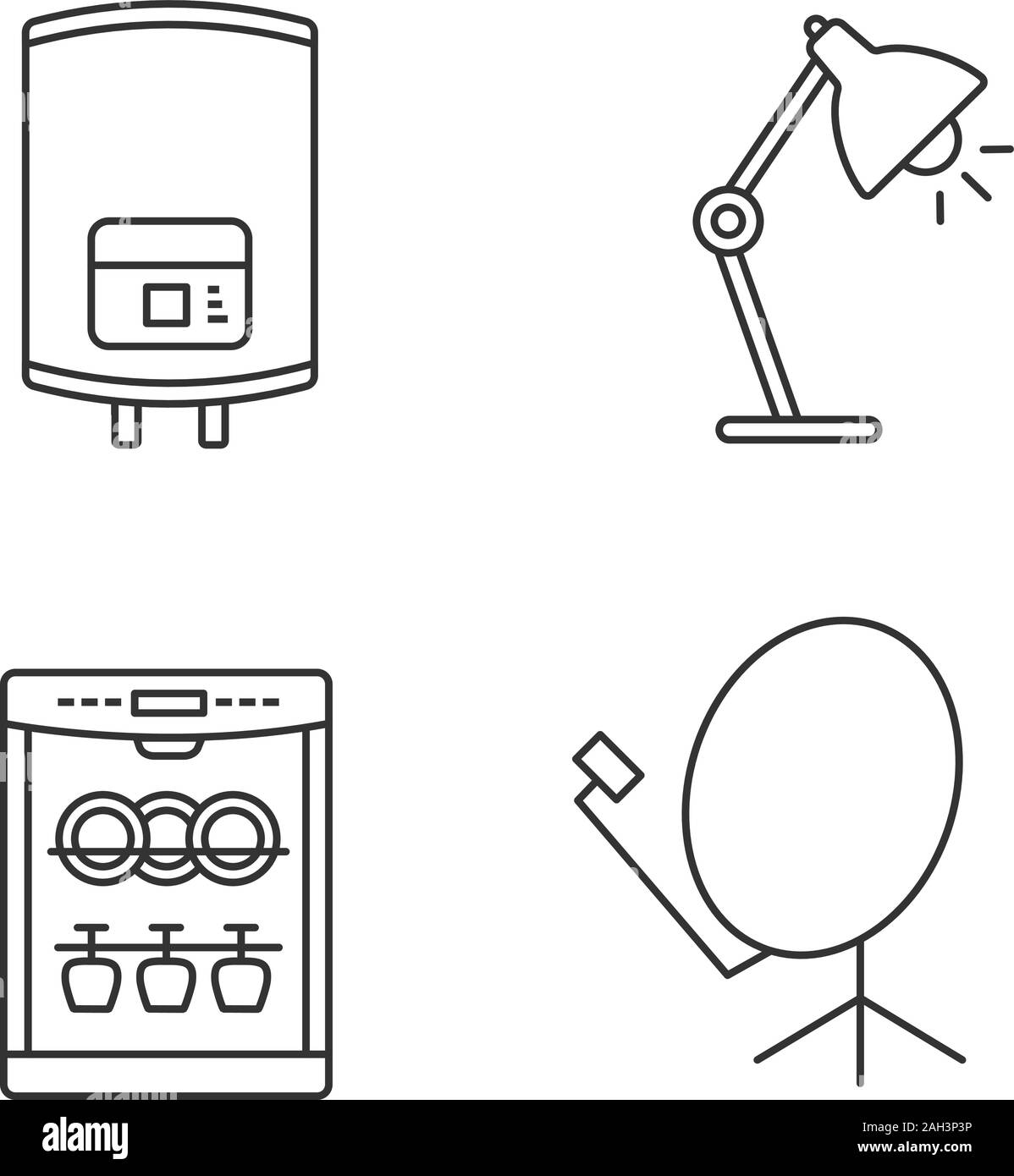 Household appliance linear icons set. Electric water heater, table lamp, dishwasher, satellite dish. Thin line contour symbols. Isolated vector outlin Stock Vector