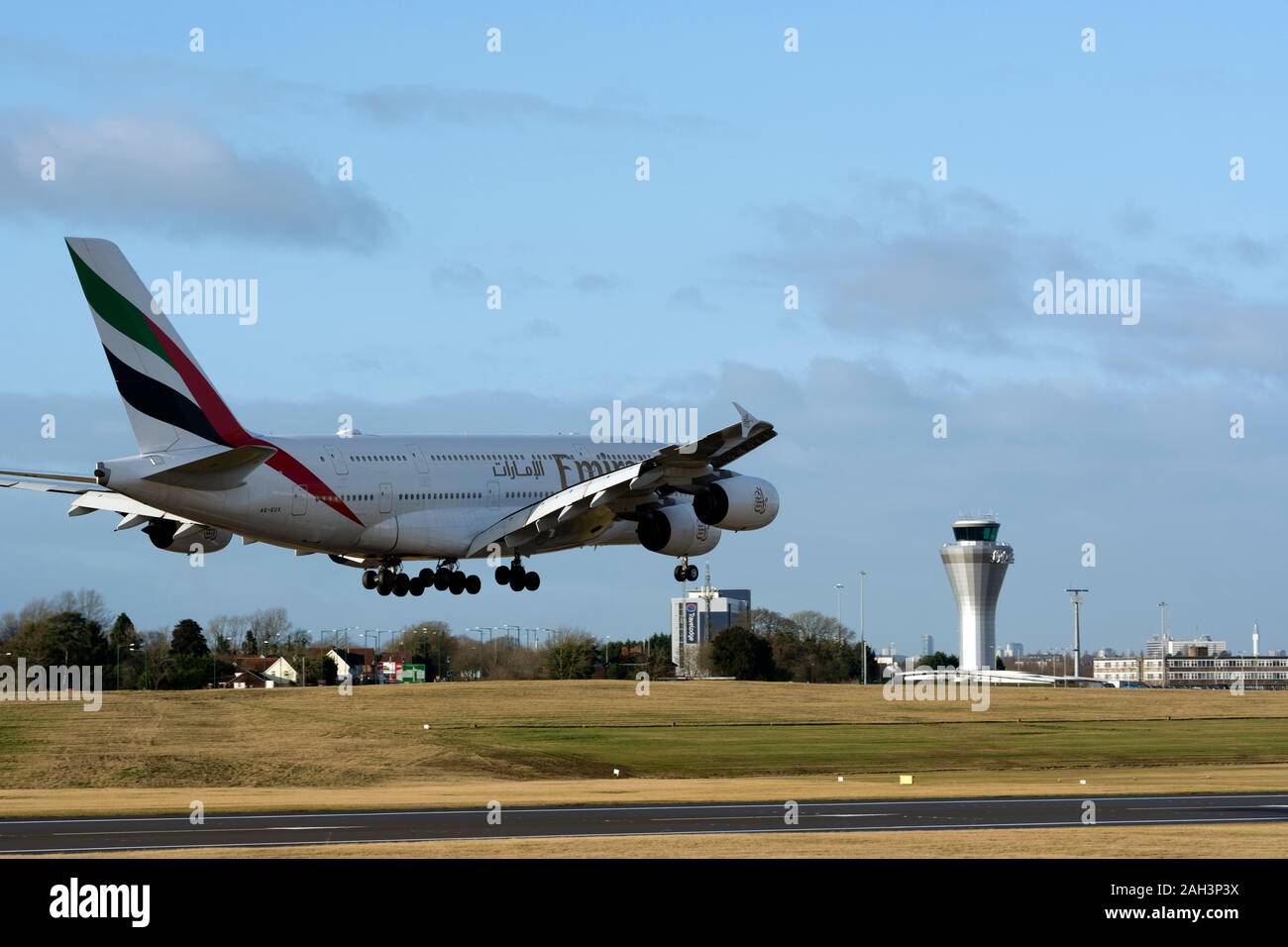 Emirates Airlines Airbus A380 landing at Birmingham Airport, UK (A6-EUX) Stock Photo