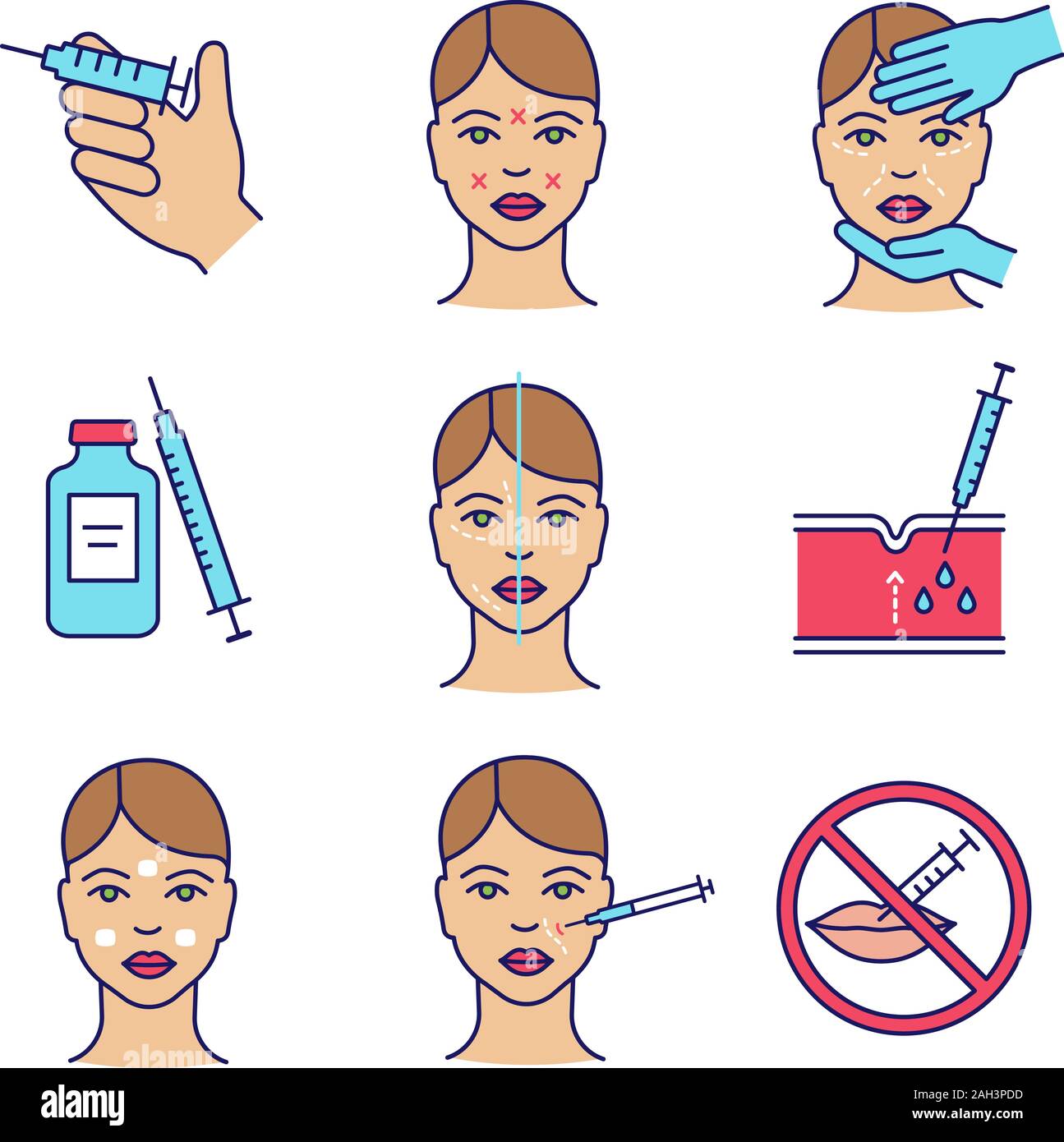 Neurotoxin injection color icons set. Vial, syringe, facial markup, cosmetologist exam, nasolabial folds subcutaneous injection, facial rejuvenation, Stock Vector