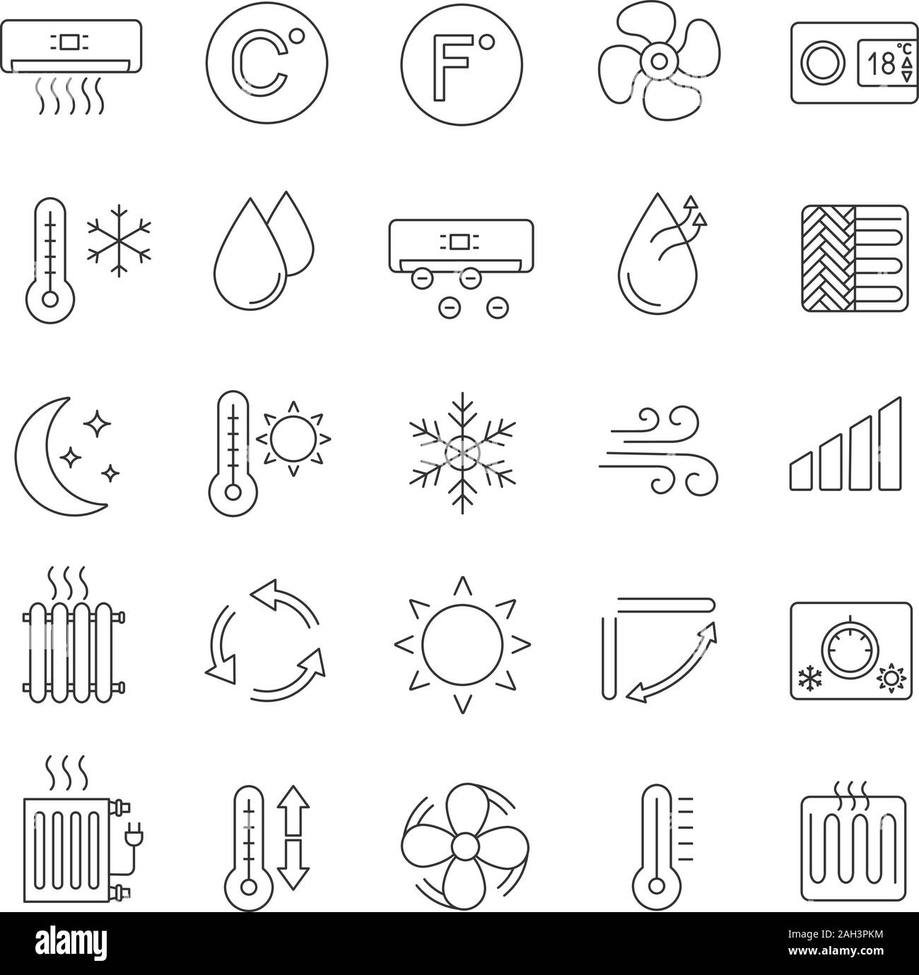 Air conditioning linear icons set. Thin line contour symbols. Air heating, humidification