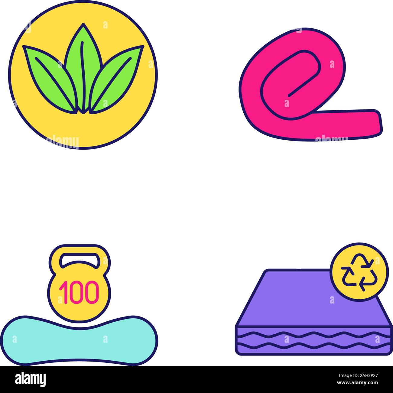 Orthopedic mattress color icons set. Ecological, recyclable and reusable property, weight limit, springless roll up mattress. Isolated vector illustra Stock Vector