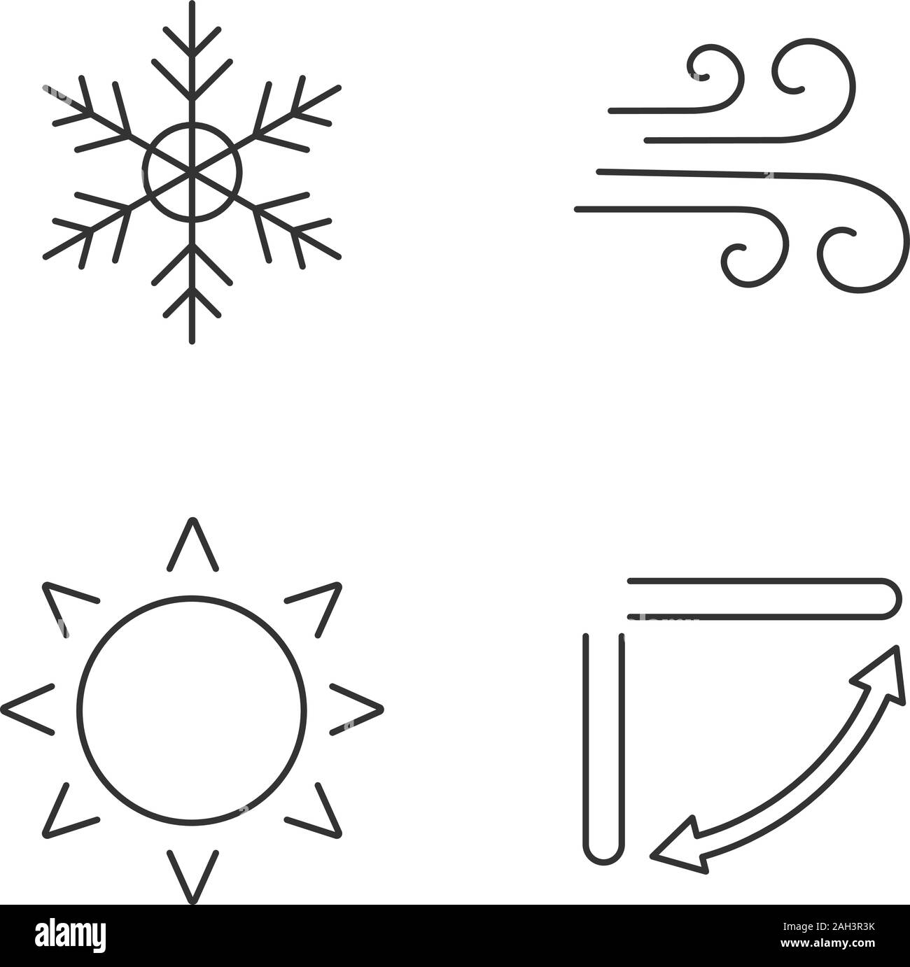Air conditioning linear icons set. Snowflake, airflow, sun, air conditioner louvers. Thin line contour symbols. Isolated vector outline illustrations. Stock Vector