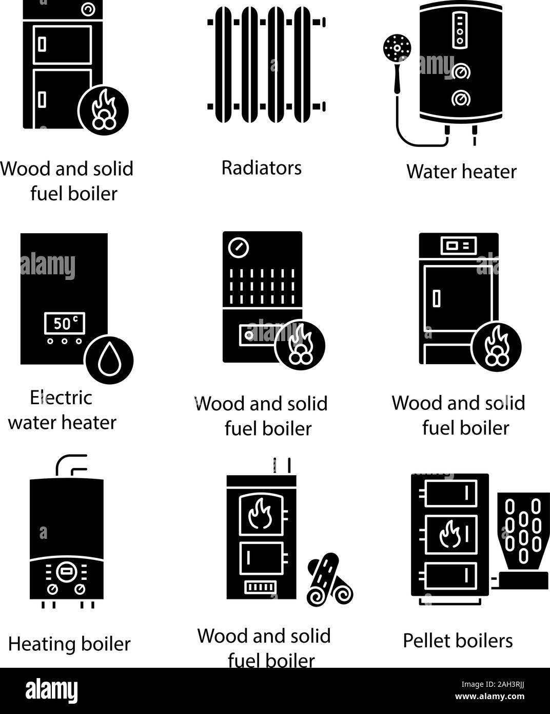 Heating glyph icons set. Boilers, radiators, water heaters. Gas, electric, solid fuel, pellet, boilers. Commercial, industrial and domestic central he Stock Vector
