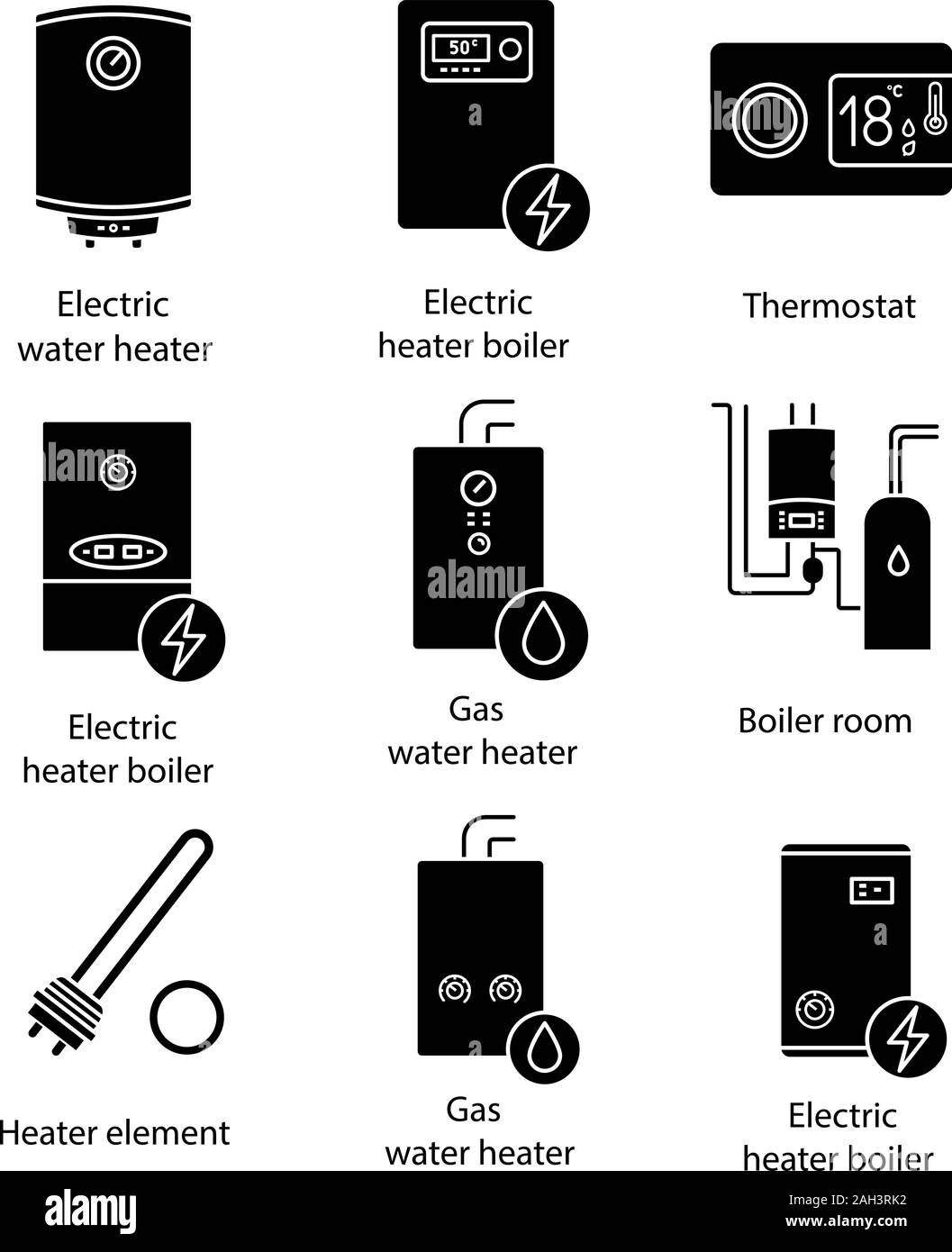 Heating glyph icons set. Boilers, heaters, thermostat, boiler room. Gas and electric water heater. Commercial, industrial and domestic central heating Stock Vector