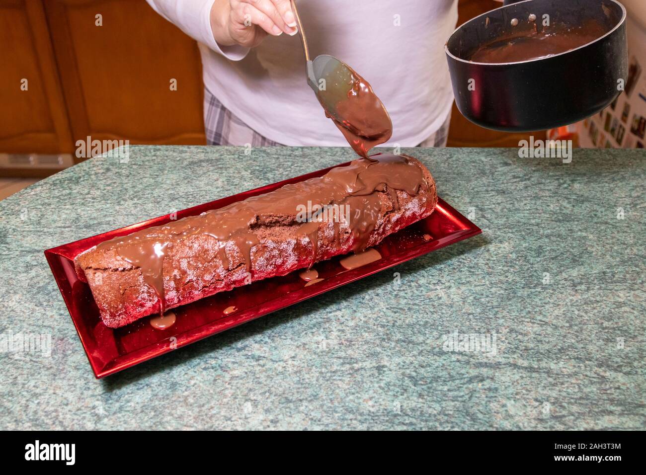 Homemade chocolate log with chocolate ganache, uk Stock Photo Alamy