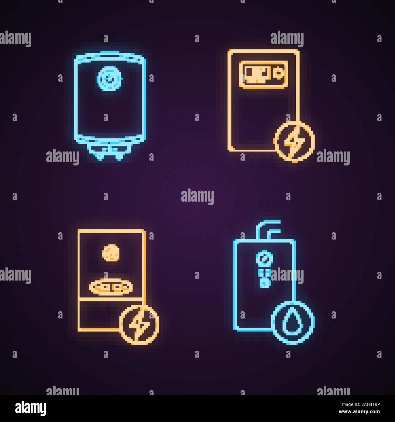 Heating neon light icons set. Central heating system. Electric and gas water heater and heating boilers. Glowing signs. Vector isolated illustrations Stock Vector