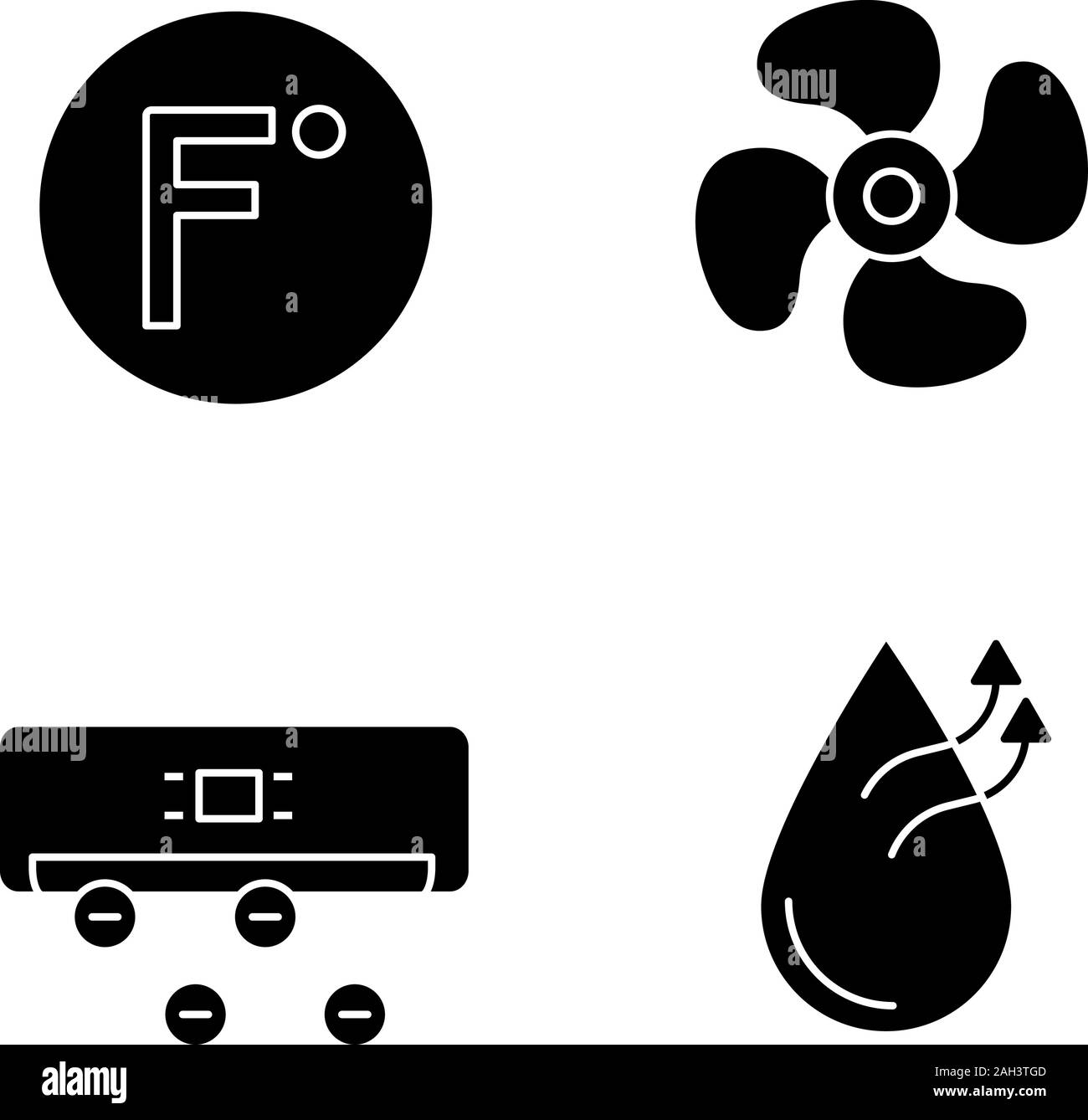 Air conditioning glyph icons set. Fahrenheit degrees, exhaust fan, ionizer, air humidification