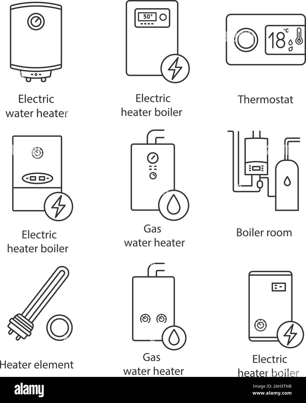 Heating linear icons set. Boilers, heaters, thermostat, boiler room. Gas and electric water heater. Contour symbols. Isolated vector outline illustrat Stock Vector