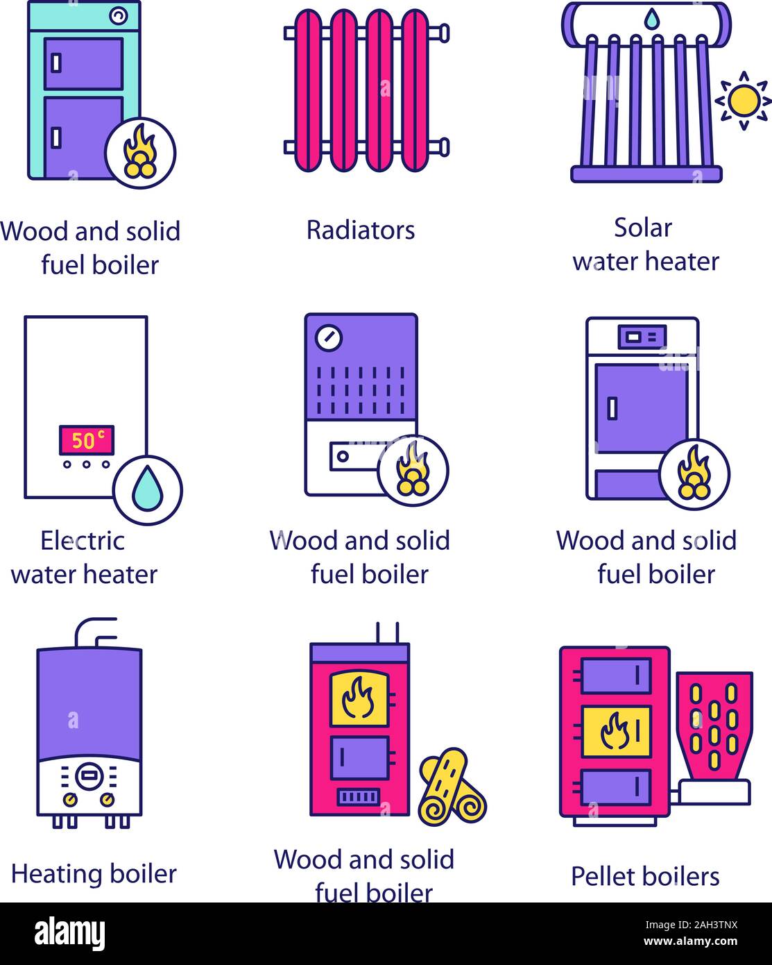 Heating color icons set. Boilers, radiators, water heaters. Gas, electric, solid fuel, pellet, solar boilers. Commercial, industrial and domestic cent Stock Vector