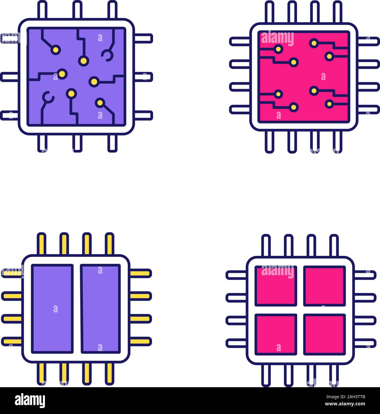 Processors color icon. Chip, microprocessor, integrated unit, dual and quad core processors. Isolated vector illustration Stock Vector