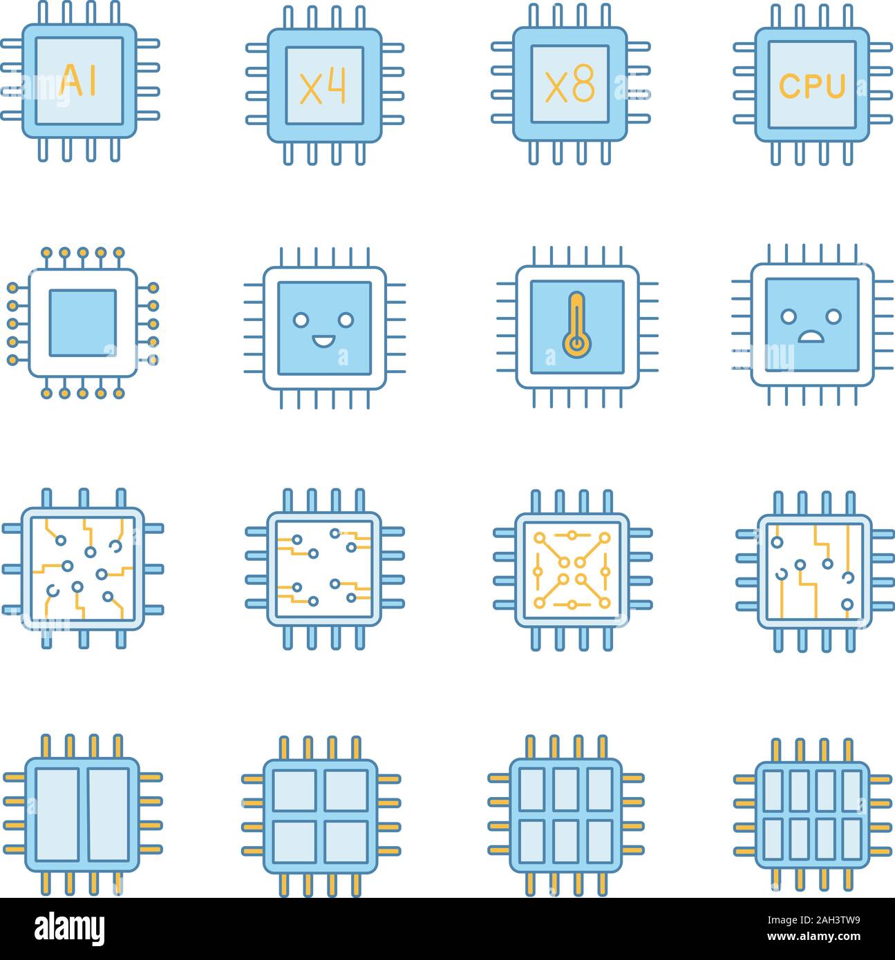 Processors color icons set. Multi-core processors. Chips, microchips, chipsets. CPU. Central processing units. Integrated circuits. Isolated vector il Stock Vector
