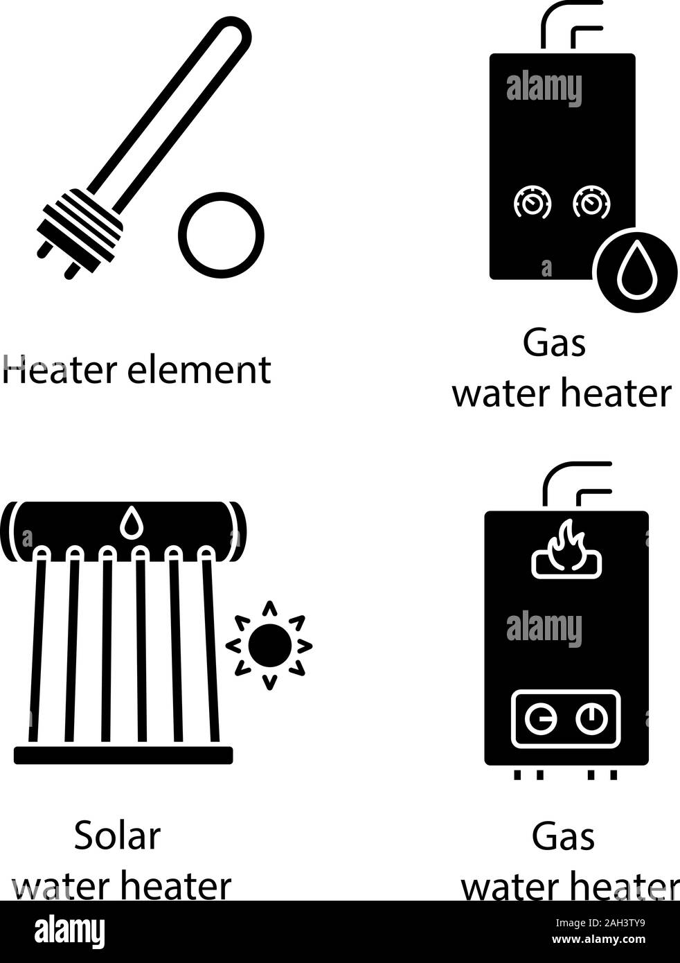 Heating glyph icons set. Electric and gas water heaters, heating boiler, industrial water heater. Silhouette symbols. Vector isolated illustration Stock Vector