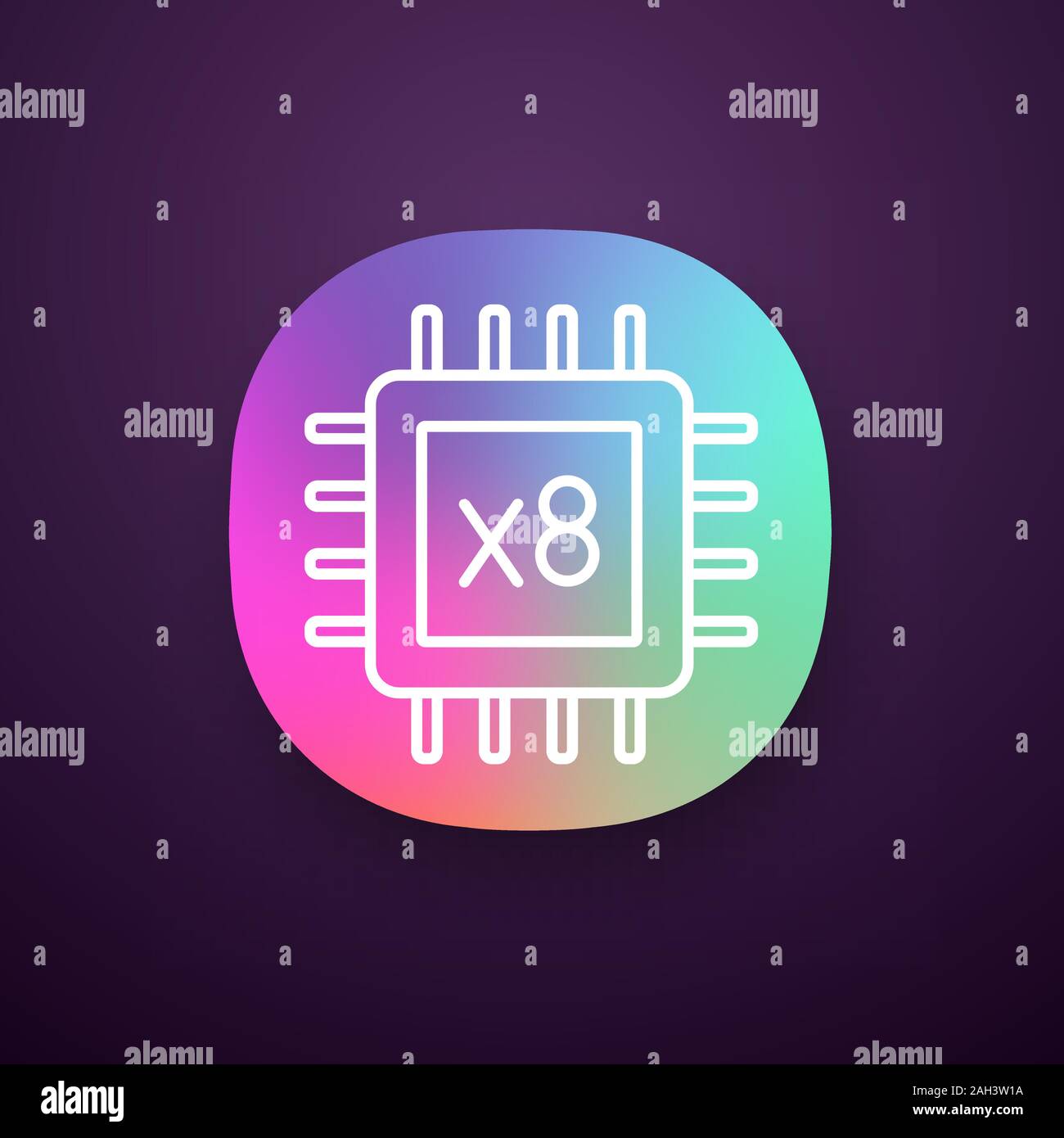 Octa core processor app icon. Eight core microprocessor. Microchip, chipset. CPU. Central processing unit. Multi-core processor. Integrated circuit. U Stock Vector