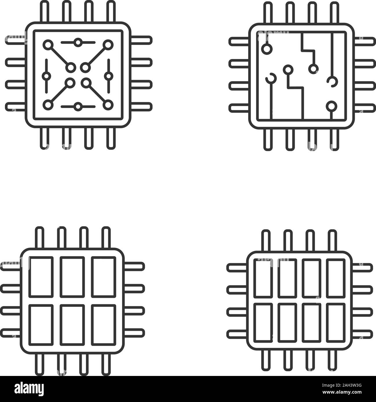 Processors linear icons set. Chip, microprocessor, integrated unit, six and octa core processors. Thin line contour symbols. Isolated vector outline i Stock Vector