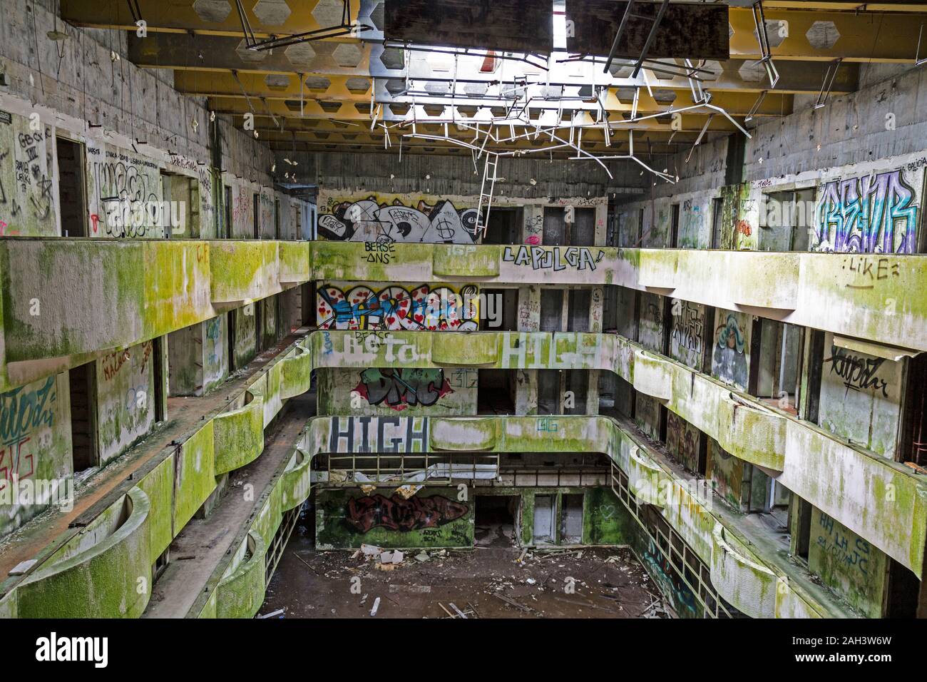 The interior of the abandoned Monte Palace Hotel on the island of Sao Miguel in the Azores. Abandoned since the early 1990s. Stock Photo