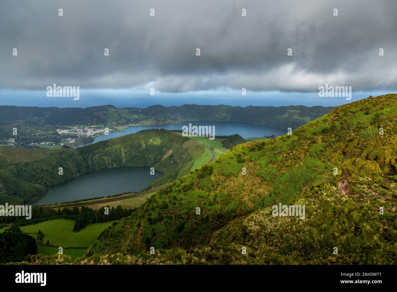 Looking down on Sete Cidades with Lagoa do Canario and Lagoa Rasa on the island of sao Miguel in the Azores. Stock Photo