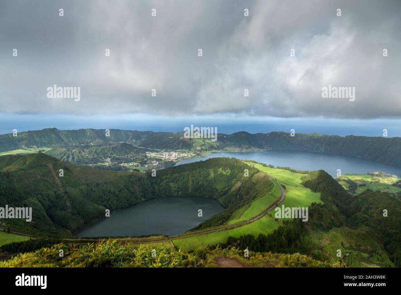 Looking down on Sete Cidades with Lagoa do Canario and Lagoa Rasa on the island of sao Miguel in the Azores. Stock Photo