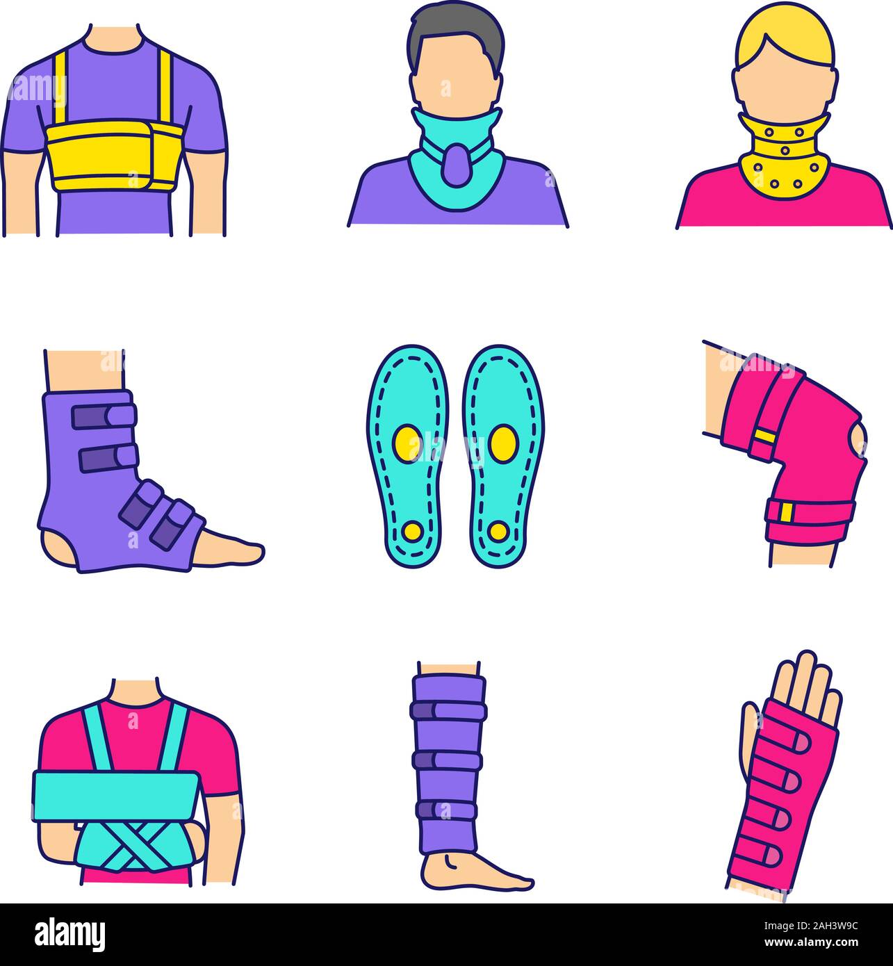 Trauma treatment color icons set. Rib belt, cervical collar, ankle and ...