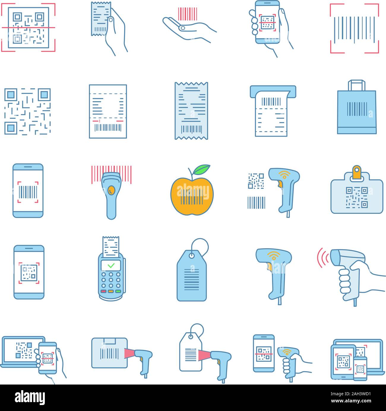 Barcodes color icons set. Linear and matrix bar codes. Barcode reading and scanning apps, devices. Using QR codes in retail industry, inventory contro Stock Vector