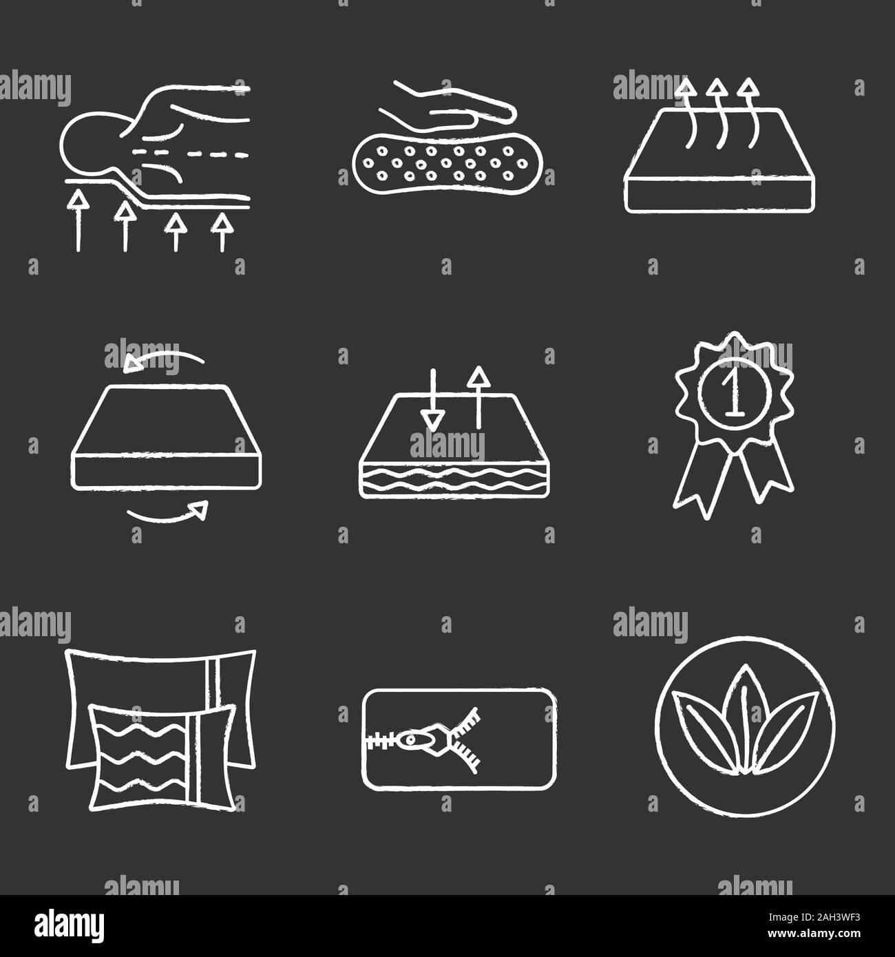 Mattress chalk icons set. Orthopedic, latex, breathable, dual season, ecological mattress with removable cover, pillows and award medal. Isolated vect Stock Vector