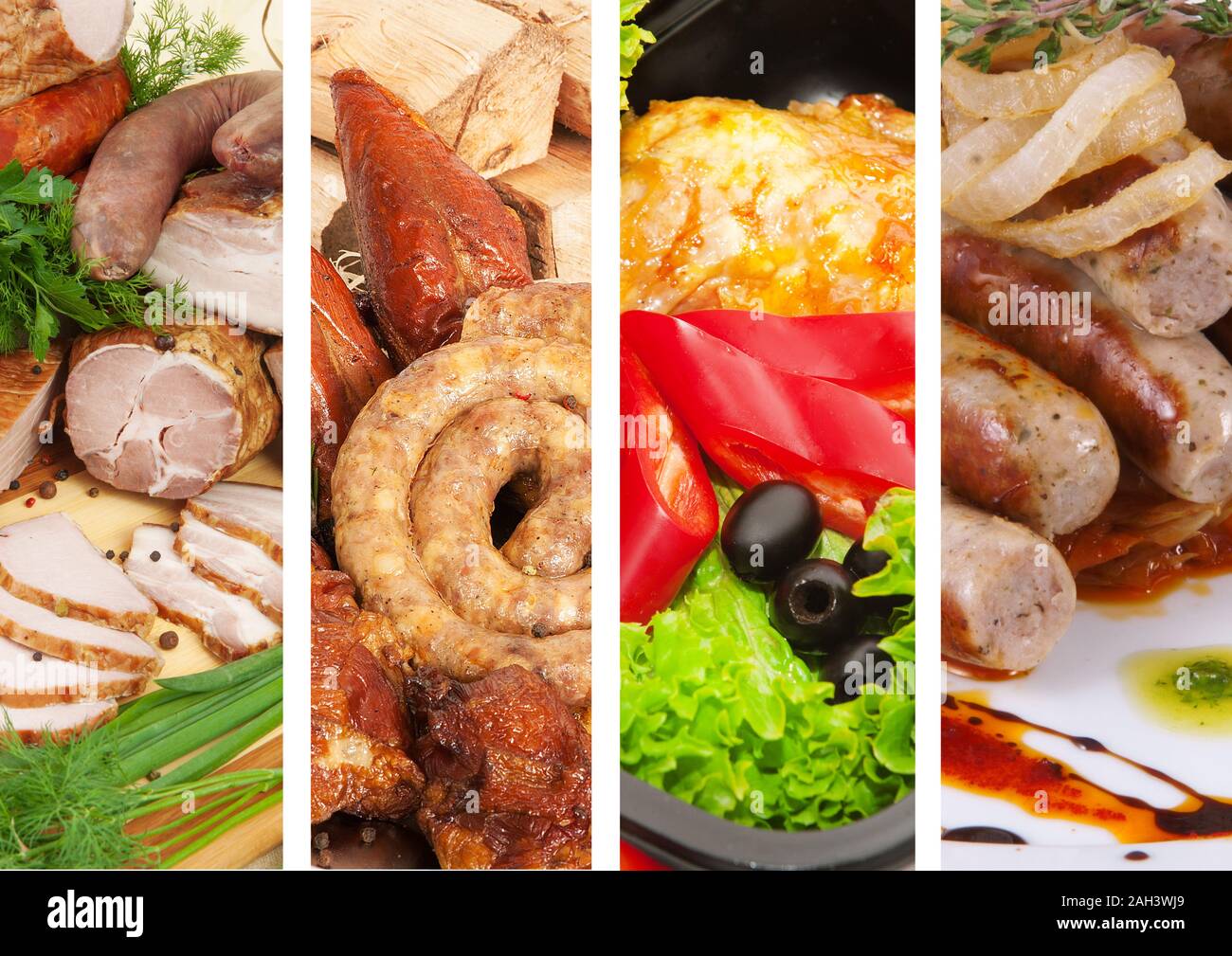 Collage of different sausages, meat and greens Stock Photo