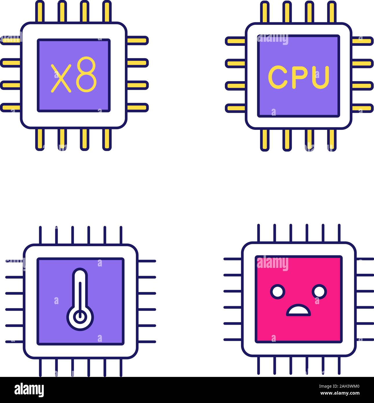 Processors color icon. Octa core, CPU processors, microprocessor temperature, sad chip. Isolated vector illustration Stock Vector