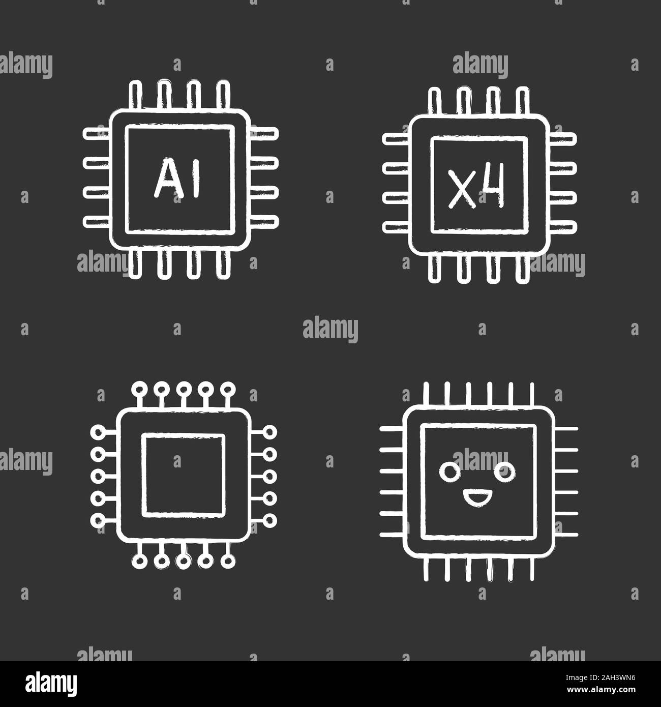 Processors chalk icons set. Chip, integrated circuit for ai system, smiling microprocessor, quad core processor. Isolated vector chalkboard illustrati Stock Vector