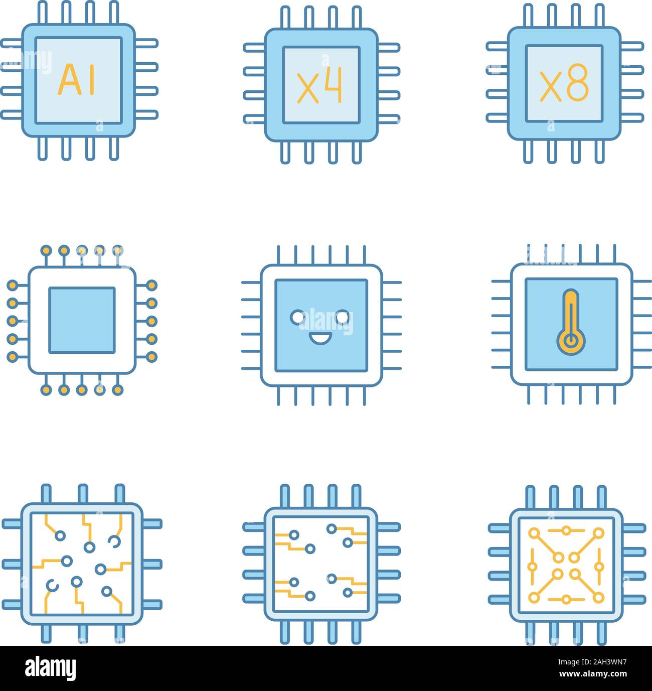 Processors color icons set. AI chip, quad, octa core processors, integrated circuit, microprocessor temperature, smiling chip. Isolated vector illustr Stock Vector