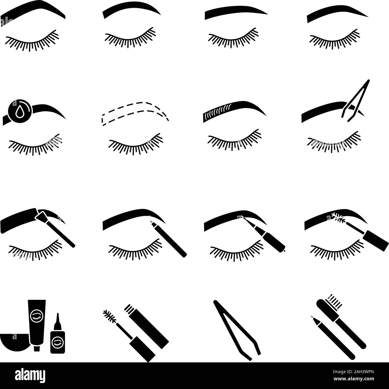 Eyebrows shaping glyph icons set. Brows microblading and tattoo procedure. Eyebrows permanent makeup. Brows tinting. Silhouette symbols. Vector isolat Stock Vector