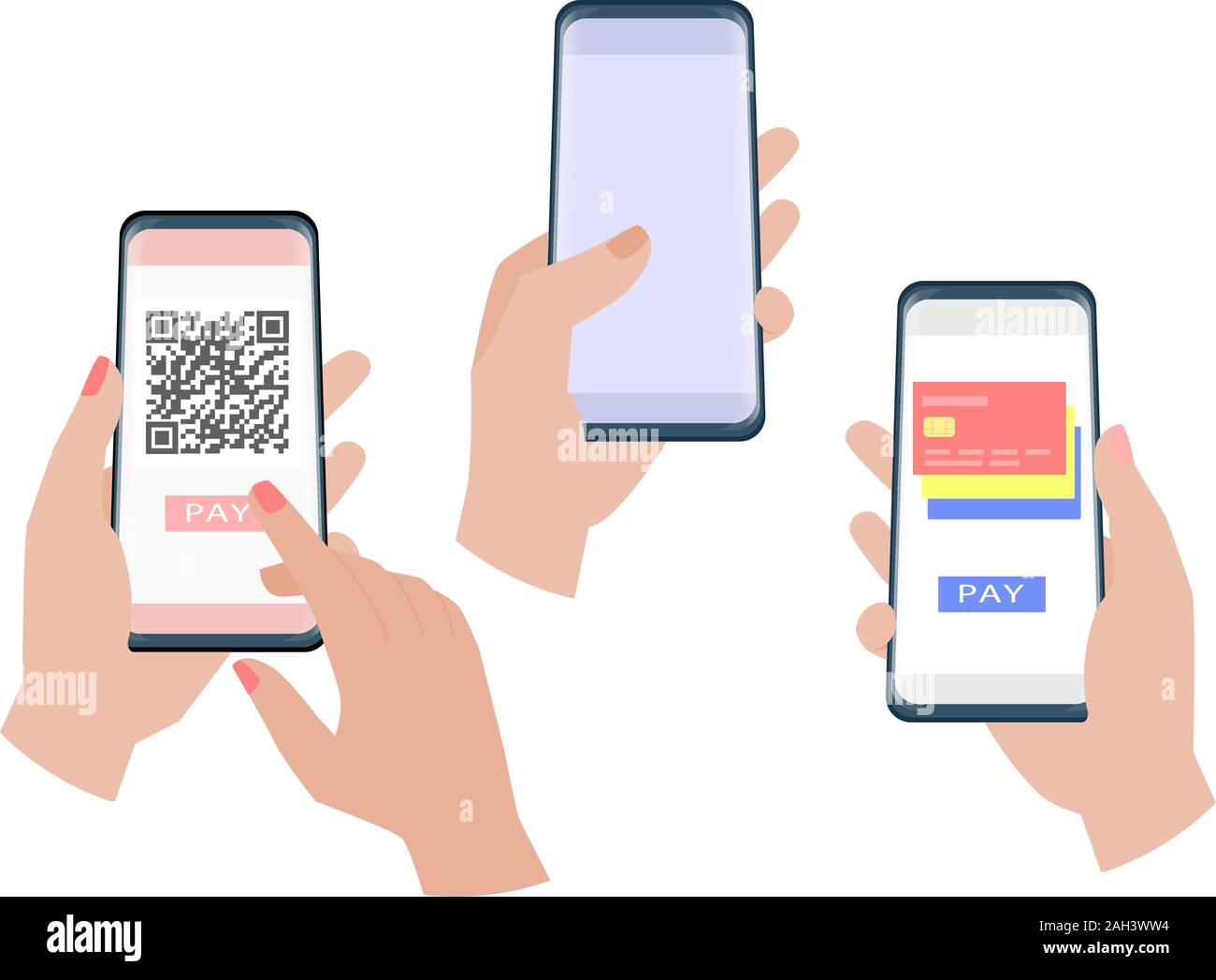 Hand holding smartphone set. Online payment. Vector illustration Stock ...