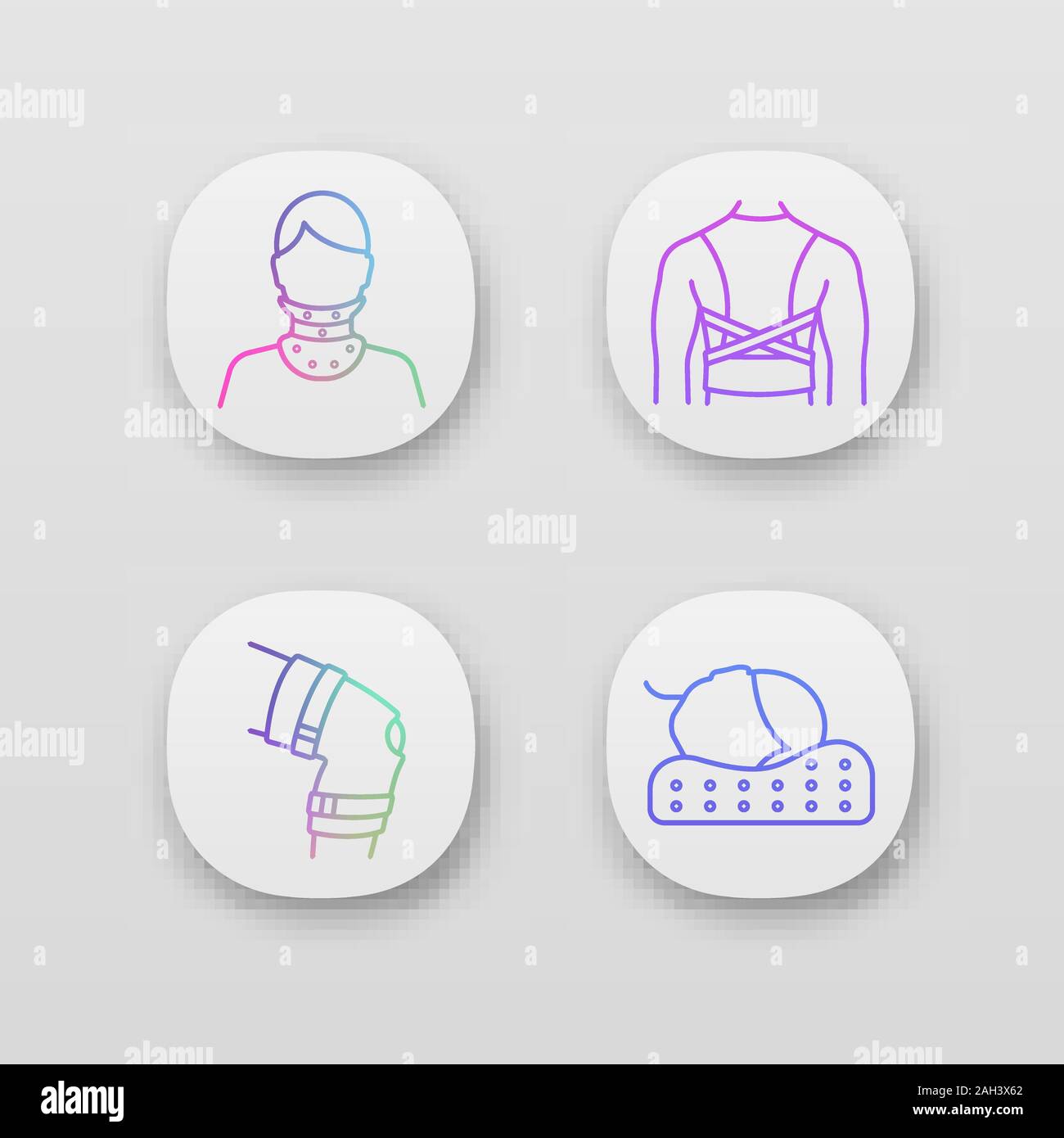 Trauma treatment app icons set. Cervical collar, posture corrector ...