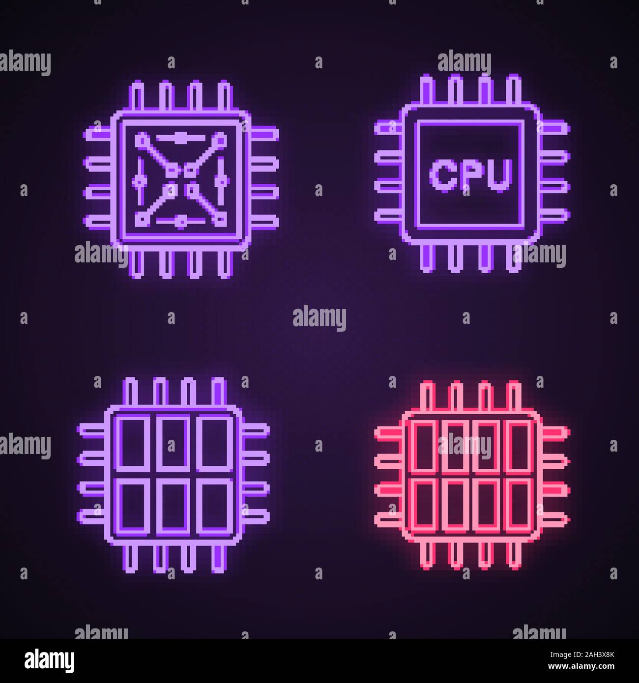 Processors neon light icons set. Chip, microprocessor, CPU, six and octa core processors. Glowing signs. Vector isolated illustrations Stock Vector