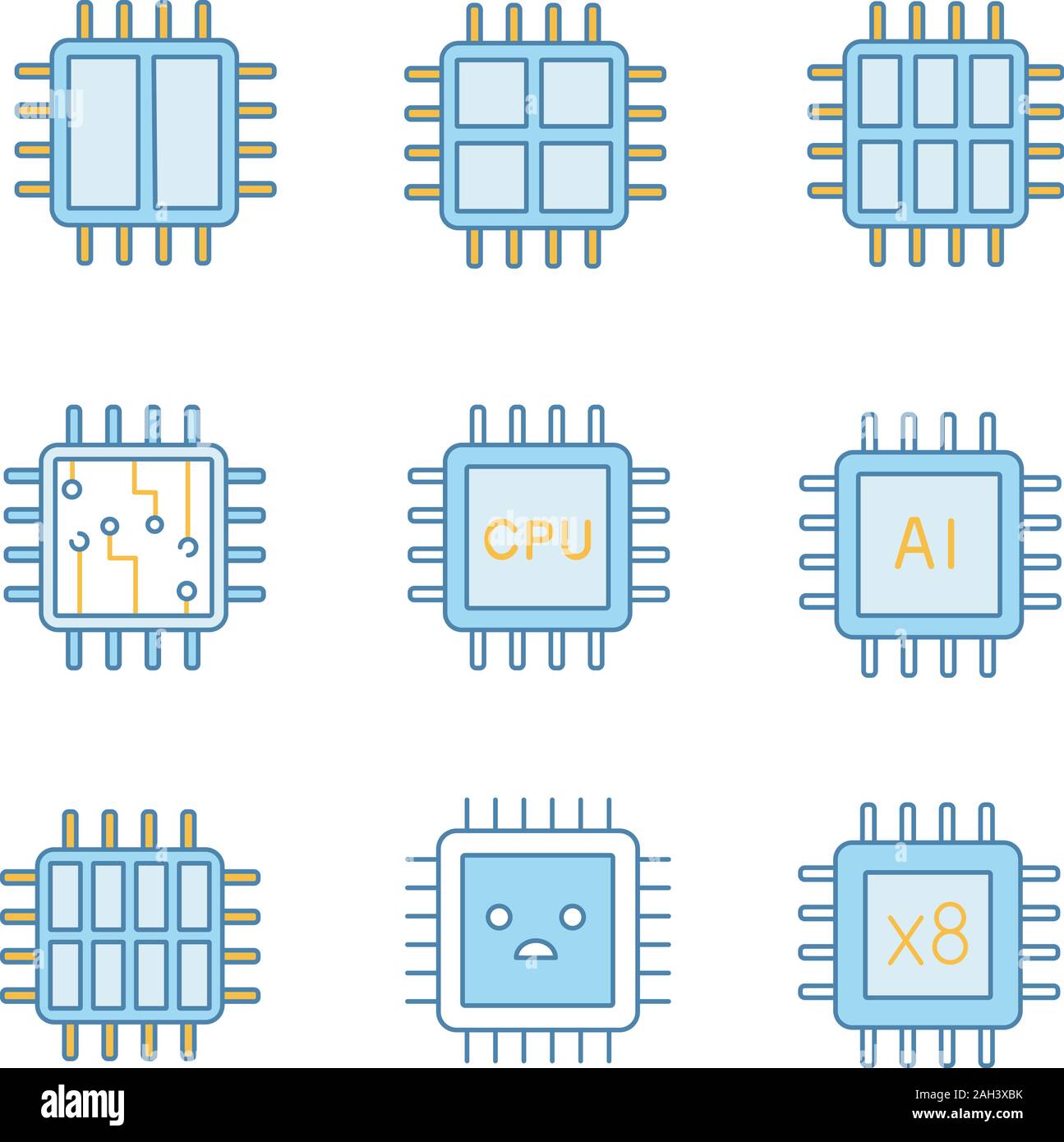 Processors color icons set. Dual, octa, quad, six core chips, CPU, sad processor, integrated circuit, AI microprocessor. Isolated vector illustrations Stock Vector