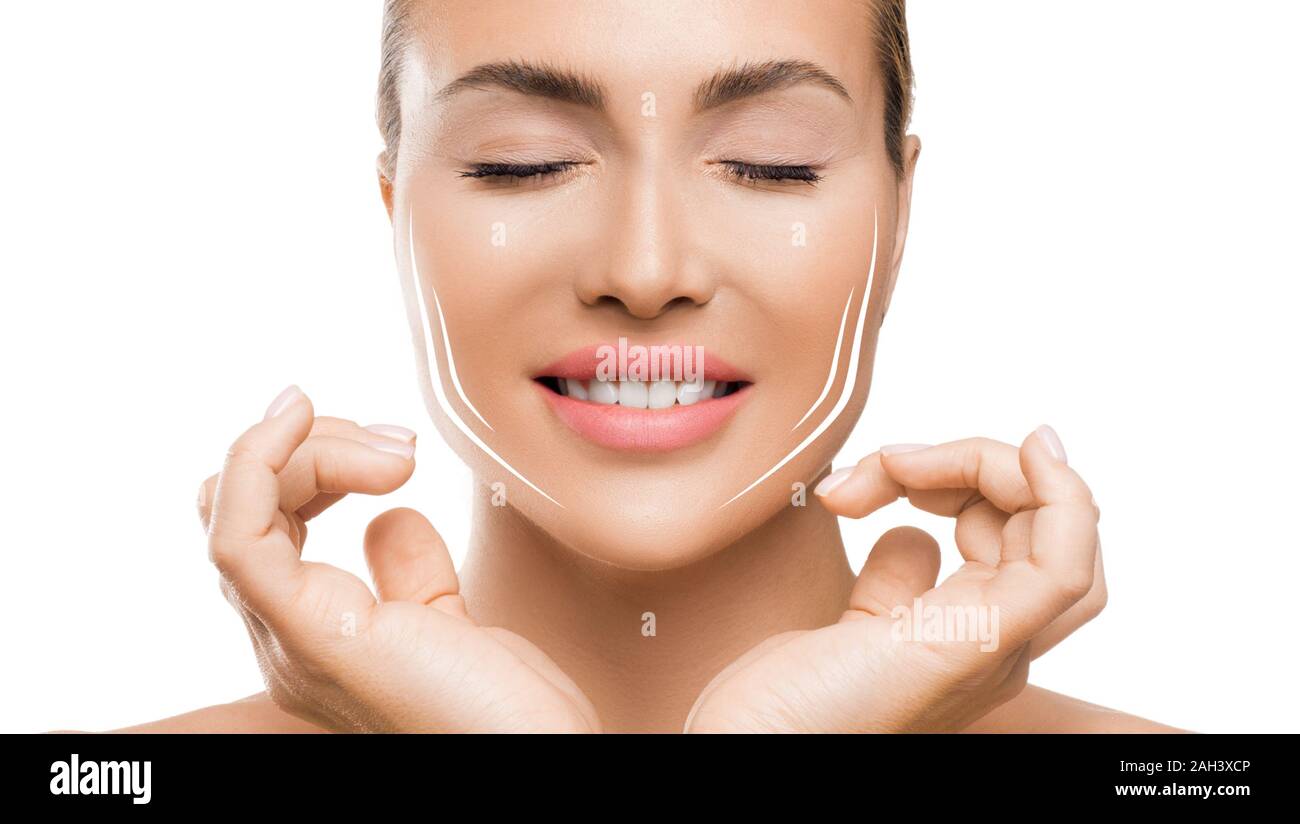 Face lift treatment anti aging skincare woman concept. Skin care model