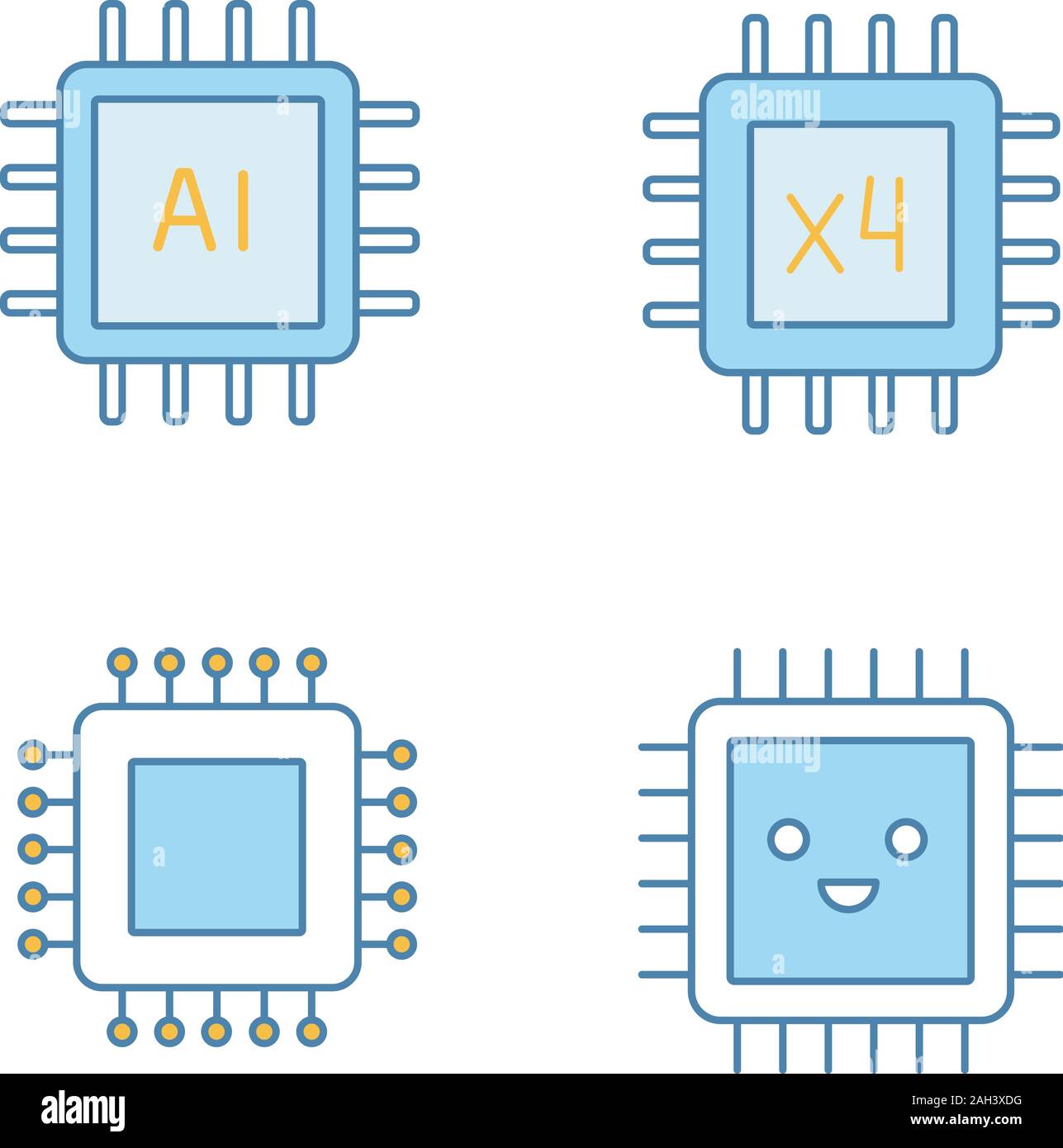 Processors color icons set. Chip, integrated circuit for ai system, smiling microprocessor, quad core processor. Isolated vector illustrations Stock Vector