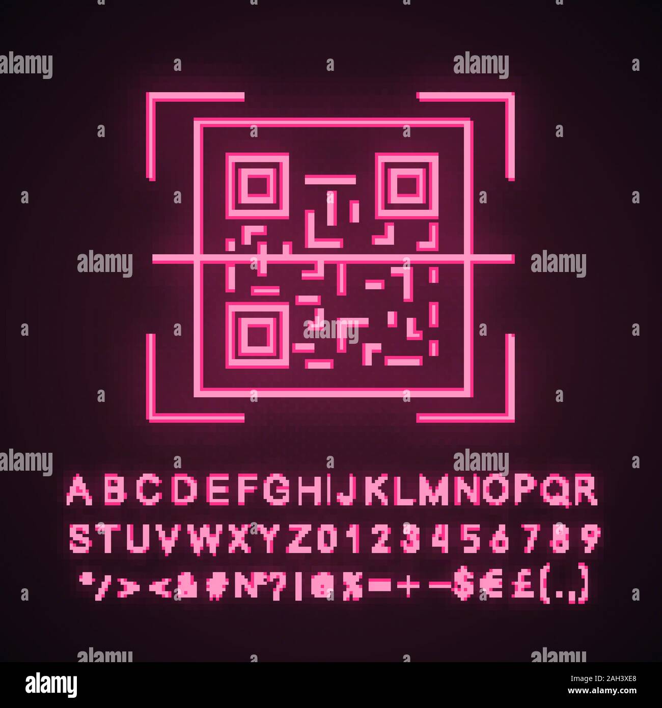 QR code scanning neon light icon. 2D code reading app. Matrix barcode