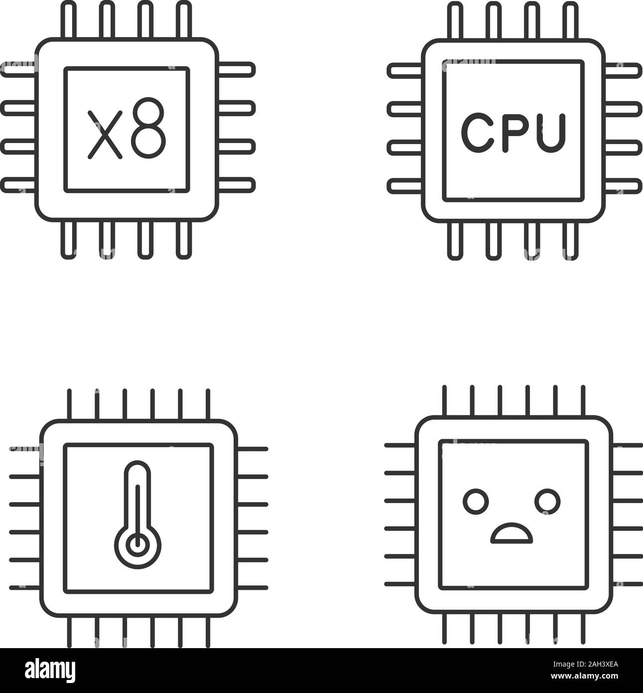 Processors linear icons set. Octa core, CPU processors, microprocessor temperature, sad chip. Thin line contour symbols. Isolated vector outline illus Stock Vector
