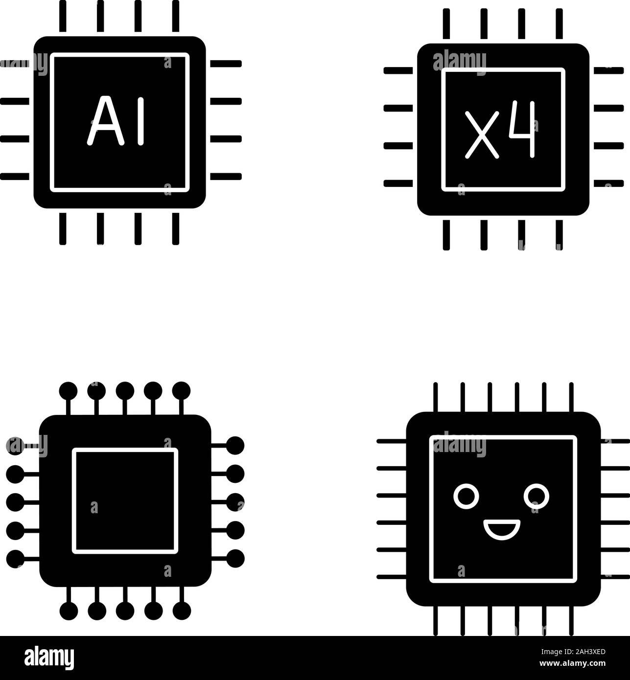 Processors glyph icons set. Chip, integrated circuit for ai system, smiling microprocessor, quad core processor. Silhouette symbols. Vector isolated i Stock Vector